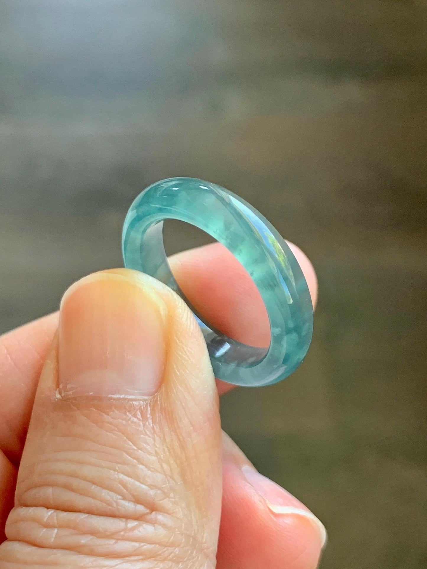 Certified Natural Grade A Guatemalan Icy Highly Translucent Dark Teal Blue Jade Jadeite Band Ring Size 6.75 US Comfort Fit 天然冰胶危蓝绿翡翠戒圈 447