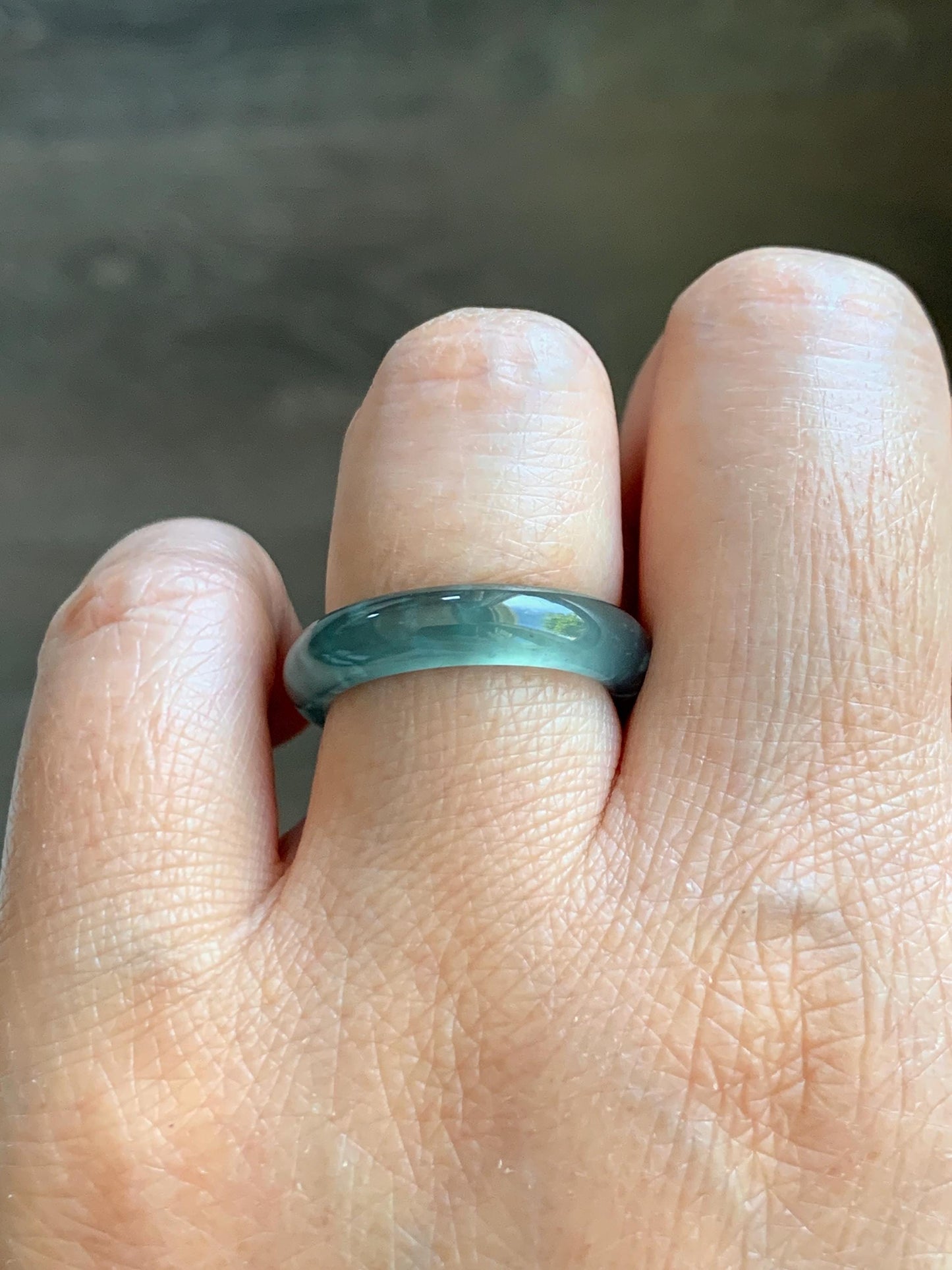 Certified Natural Grade A Guatemalan Icy Highly Translucent Dark Teal Blue Jade Jadeite Band Ring Size 6.75 US Comfort Fit 天然冰胶危蓝绿翡翠戒圈 447