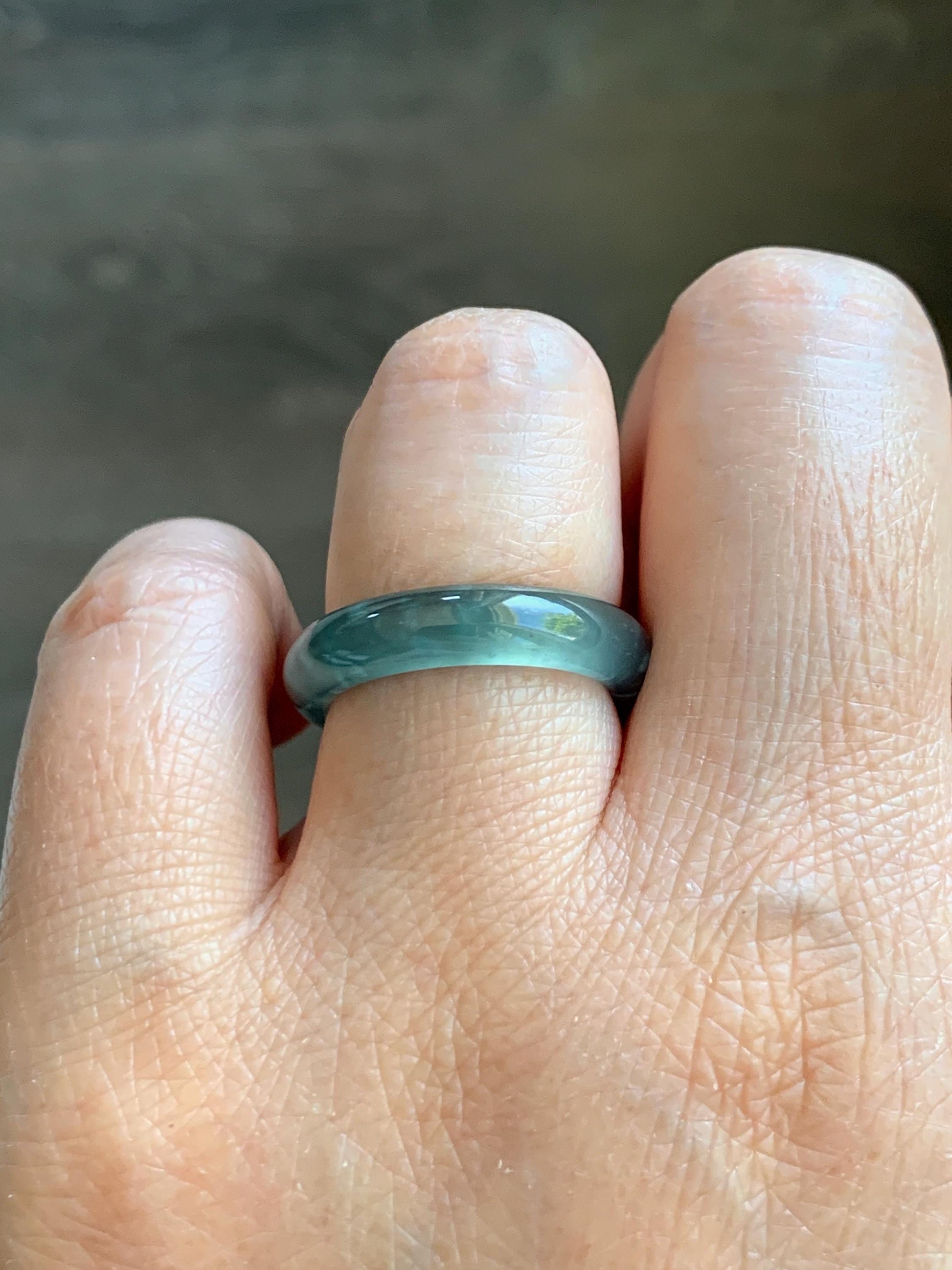 Certified Natural Grade A Guatemalan Icy Highly Translucent Dark Teal Blue Jade Jadeite Band Ring Size 6.75 US Comfort Fit 天然冰胶危蓝绿翡翠戒圈 447