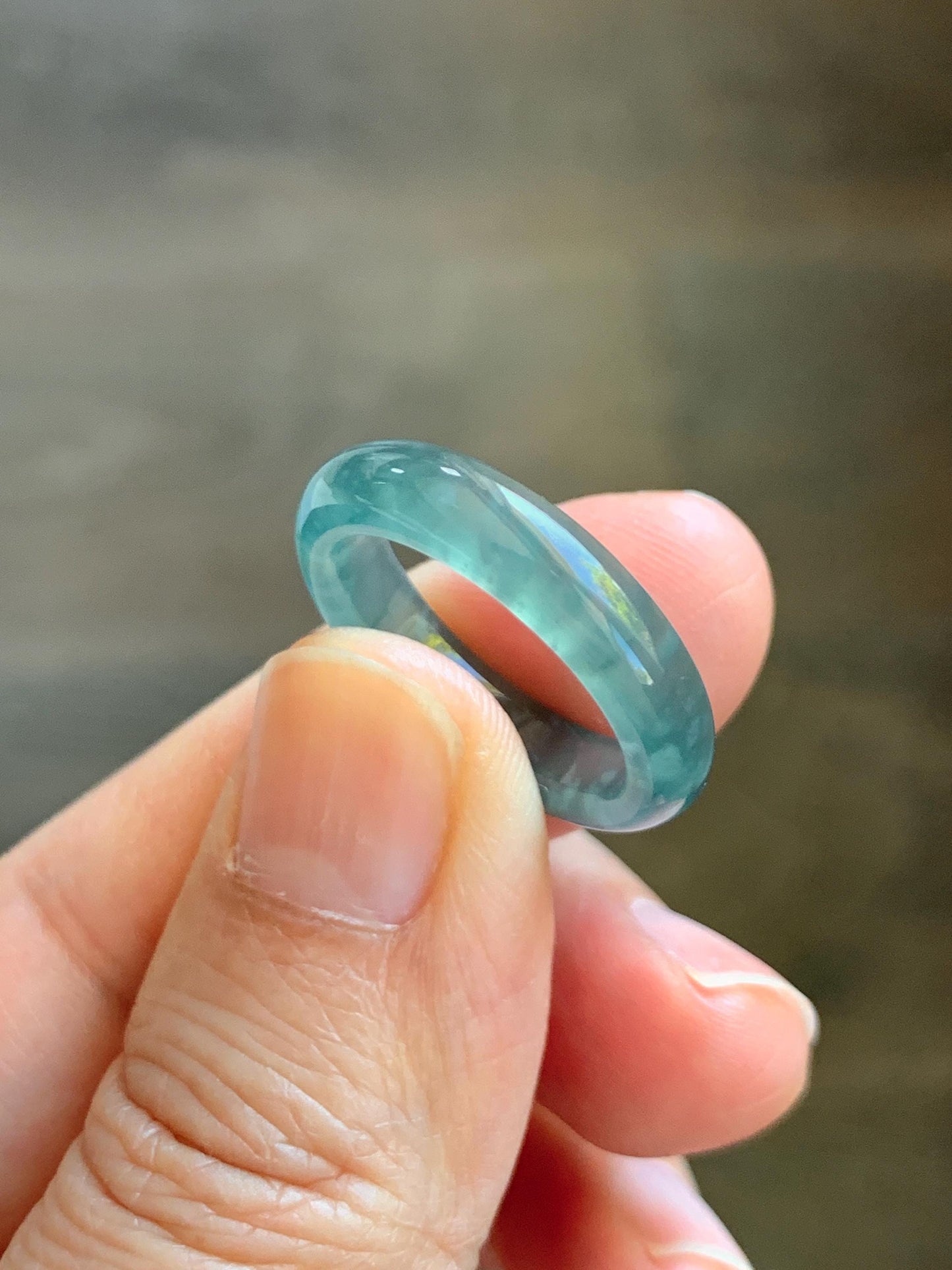 Certified Natural Grade A Guatemalan Icy Highly Translucent Dark Teal Blue Jade Jadeite Band Ring Size 6.75 US Comfort Fit 天然冰胶危蓝绿翡翠戒圈 447