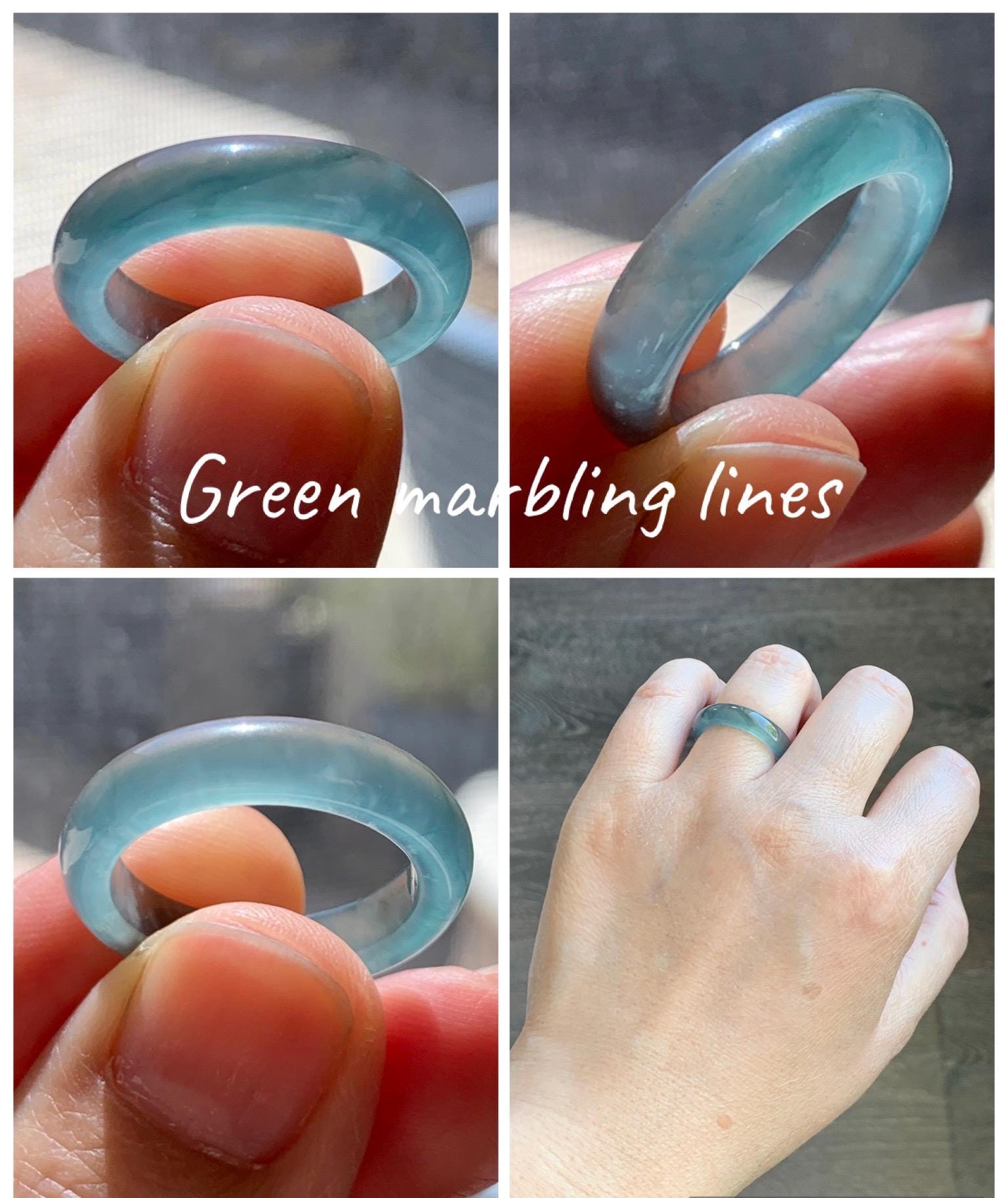 Certified Natural Grade A Guatemalan Icy Highly Translucent Dark Teal Blue Jade Jadeite Band Ring Size 6.25 US Comfort Fit 天然冰胶危蓝绿翡翠戒圈 446