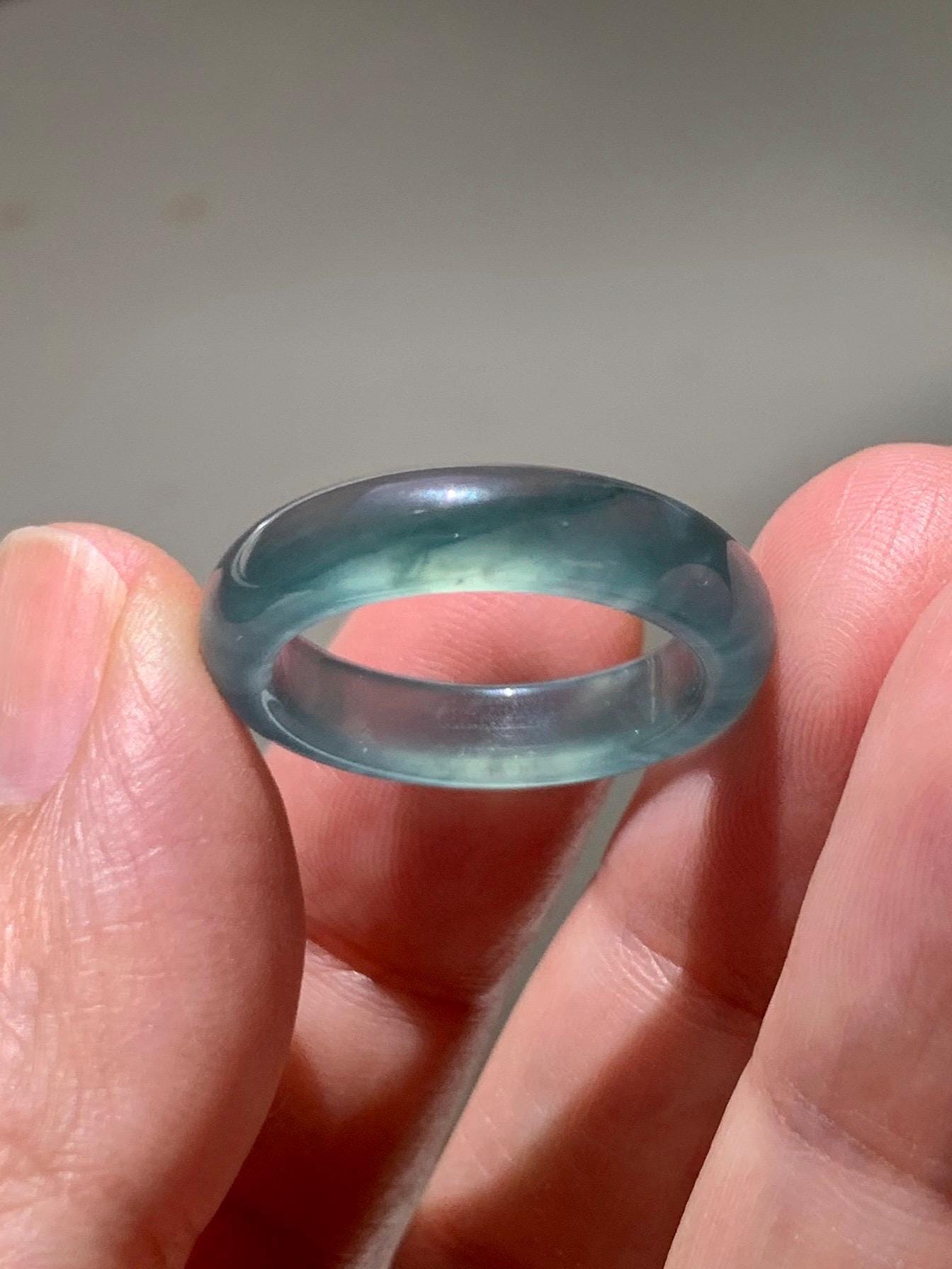 Certified Natural Grade A Guatemalan Icy Highly Translucent Dark Teal Blue Jade Jadeite Band Ring Size 6.25 US Comfort Fit 天然冰胶危蓝绿翡翠戒圈 446