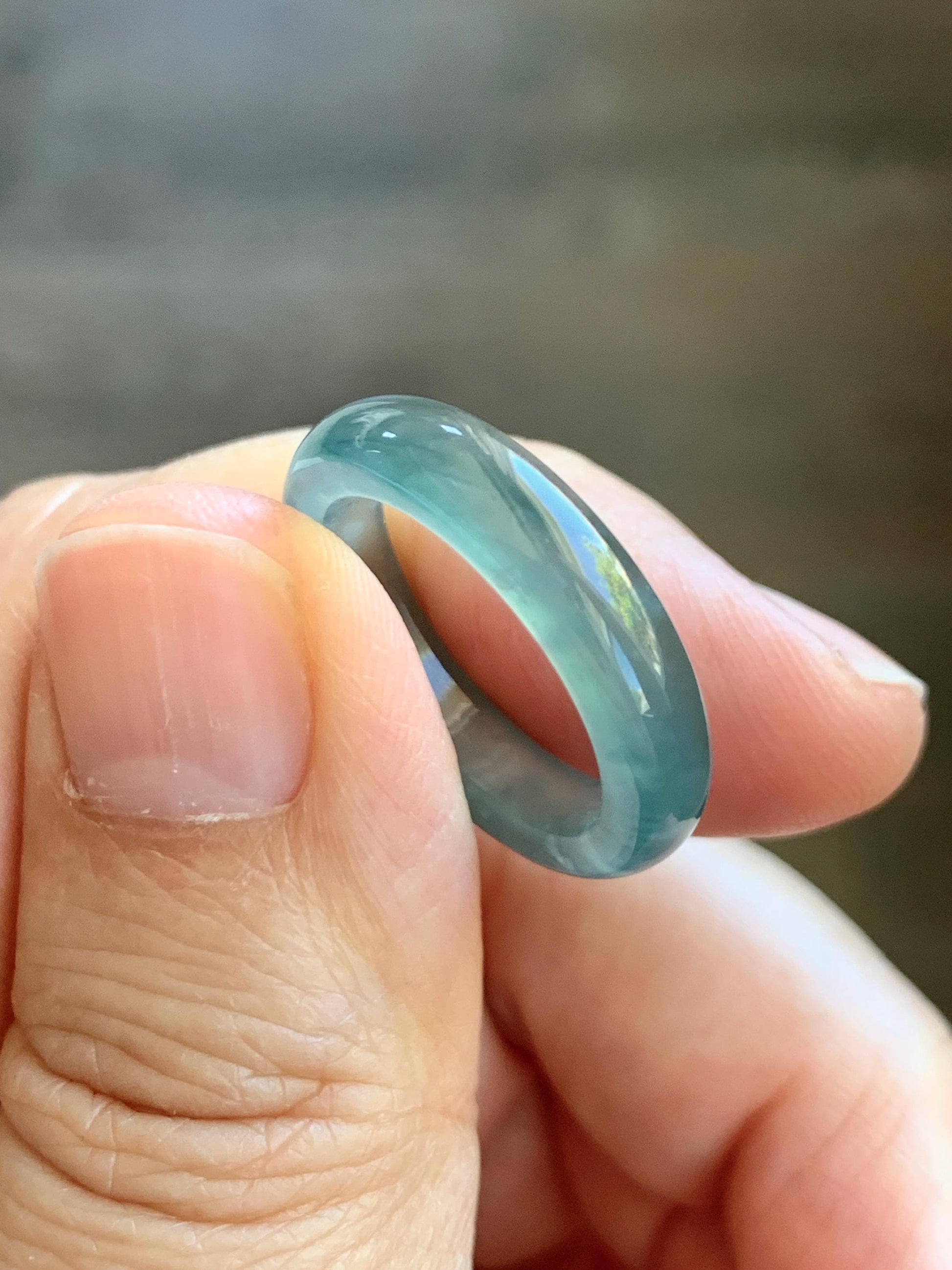 Certified Natural Grade A Guatemalan Icy Highly Translucent Dark Teal Blue Jade Jadeite Band Ring Size 6.25 US Comfort Fit 天然冰胶危蓝绿翡翠戒圈 446