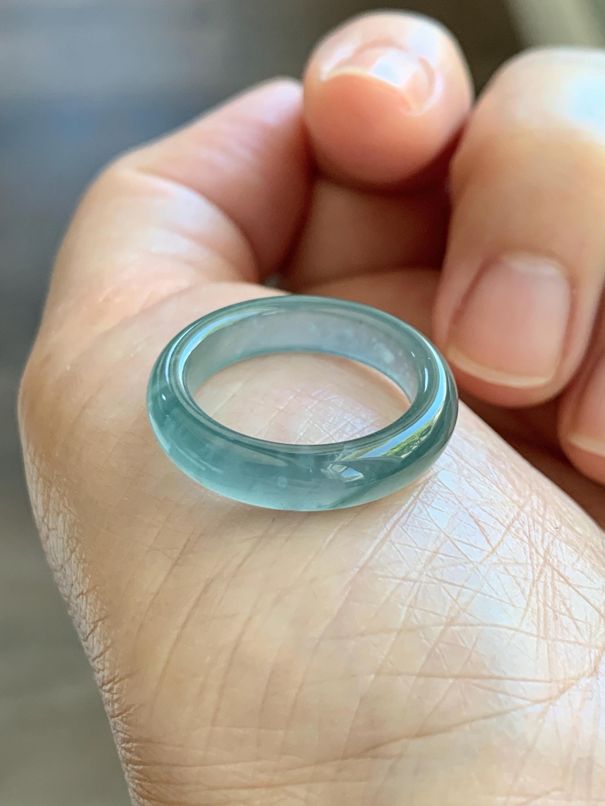 Certified Natural Grade A Guatemalan Icy Highly Translucent Dark Teal Blue Jade Jadeite Band Ring Size 6.25 US Comfort Fit 天然冰胶危蓝绿翡翠戒圈 446