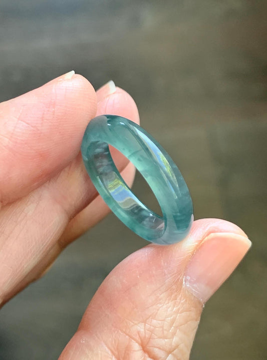 Certified Natural Grade A Guatemalan Icy Highly Translucent Dark Teal Blue Jade Jadeite Band Ring Size 6.75 US Comfort Fit 天然冰胶危蓝绿翡翠戒圈 447