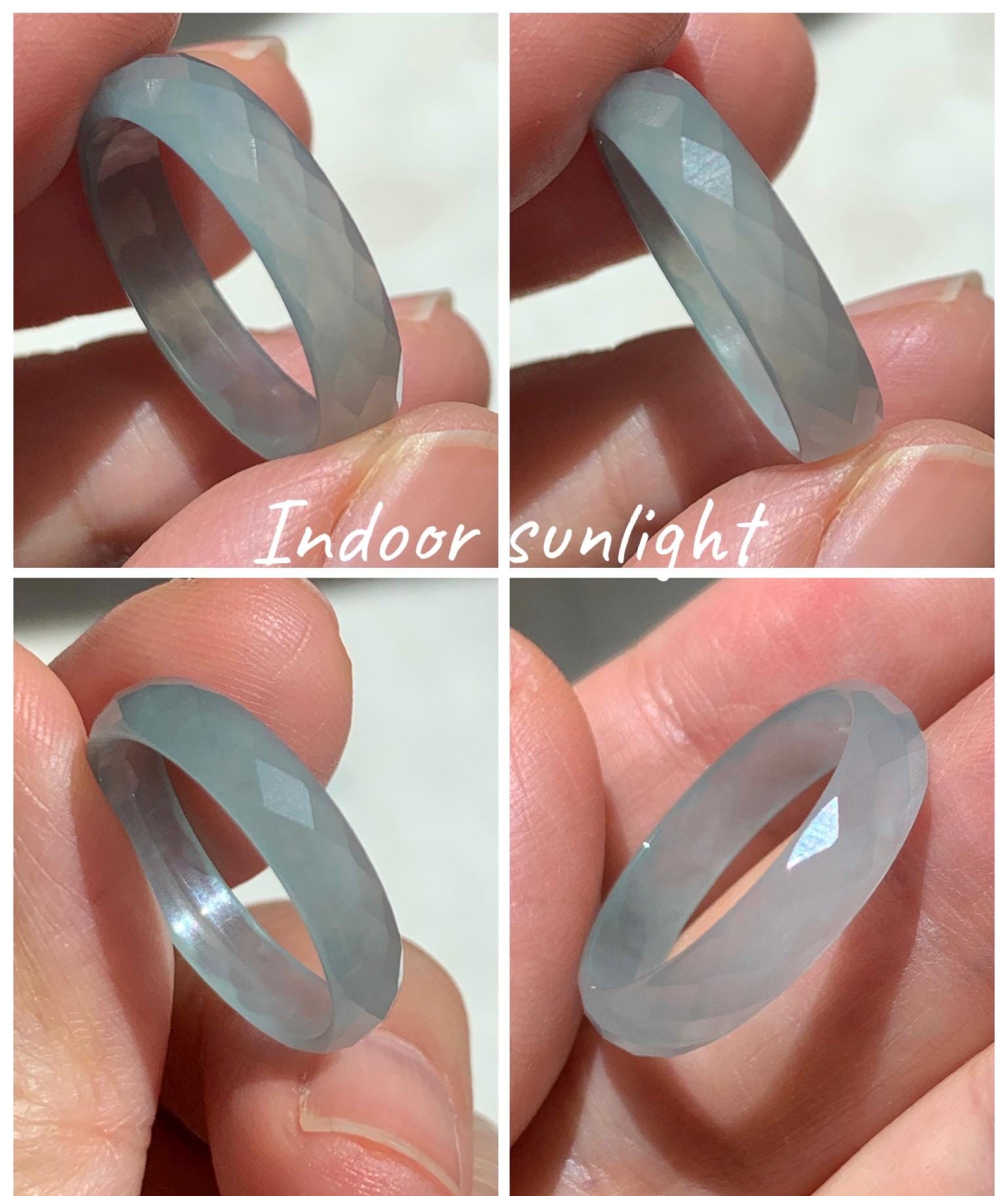 Natural Grade A Guatemalan Icy Highly Translucent Pale Teal Jade Jadeite Diamond Faceted Band Ring Size 8.25 US 天然冰危浅蓝绿翡翠切割面戒圈戒指 WQD110A