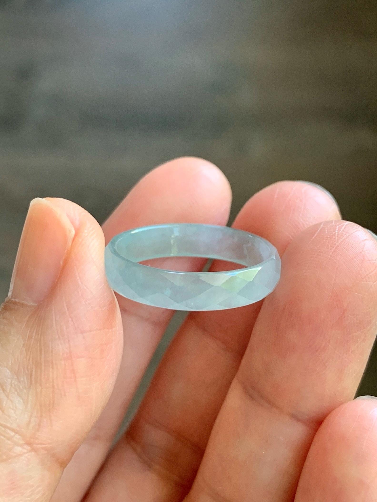 Natural Grade A Guatemalan Icy Highly Translucent Pale Teal Jade Jadeite Diamond Faceted Band Ring Size 8.25 US 天然冰危浅蓝绿翡翠切割面戒圈戒指 WQD110A