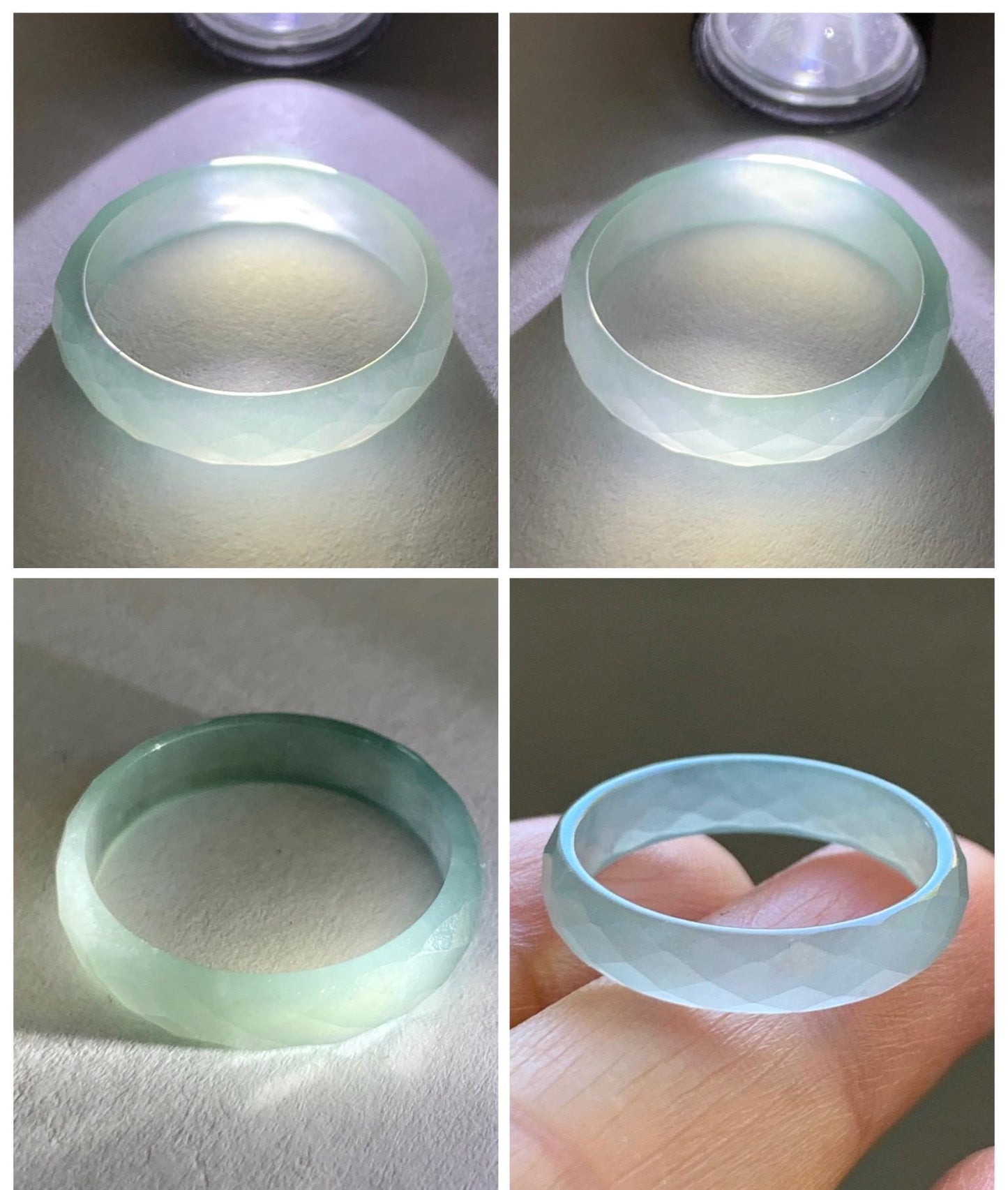 Natural Grade A Guatemalan Icy Highly Translucent Pale Teal Jade Jadeite Diamond Faceted Band Ring Size 8.25 US 天然冰危浅蓝绿翡翠切割面戒圈戒指 WQD110A