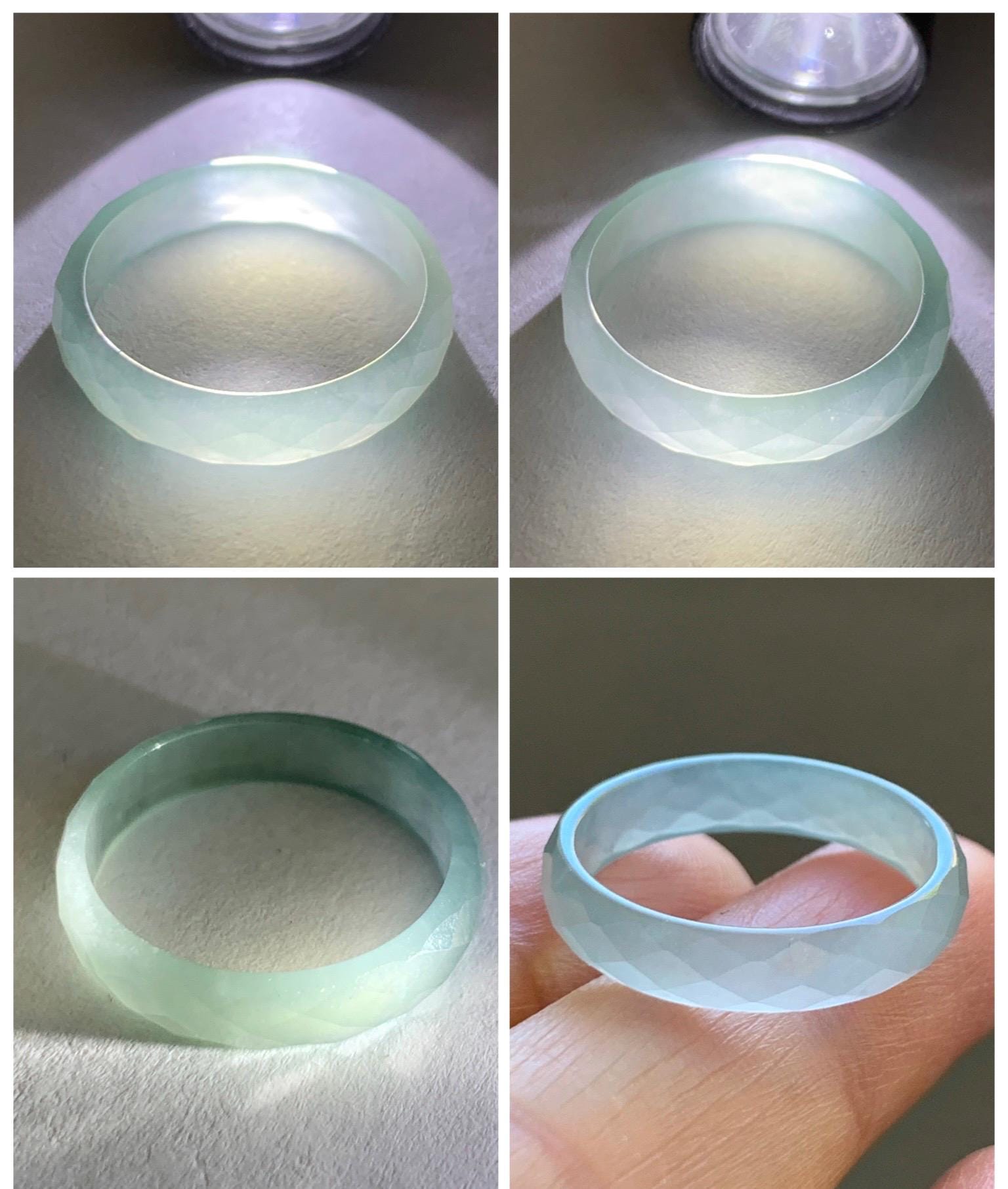 Natural Grade A Guatemalan Icy Highly Translucent Pale Teal Jade Jadeite Diamond Faceted Band Ring Size 8.25 US 天然冰危浅蓝绿翡翠切割面戒圈戒指 WQD110A