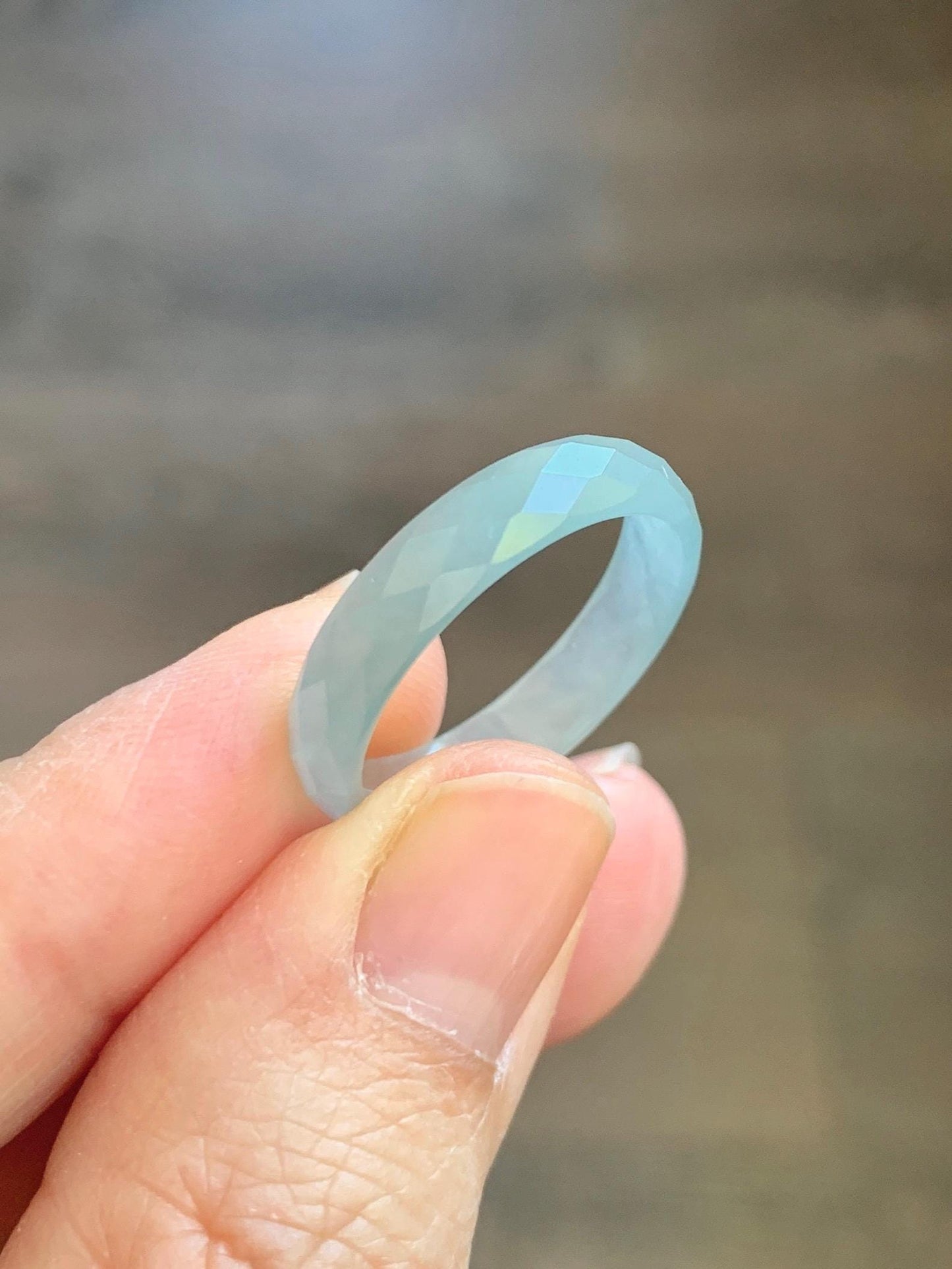 Natural Grade A Guatemalan Icy Highly Translucent Pale Teal Jade Jadeite Diamond Faceted Band Ring Size 8.25 US 天然冰危浅蓝绿翡翠切割面戒圈戒指 WQD110A