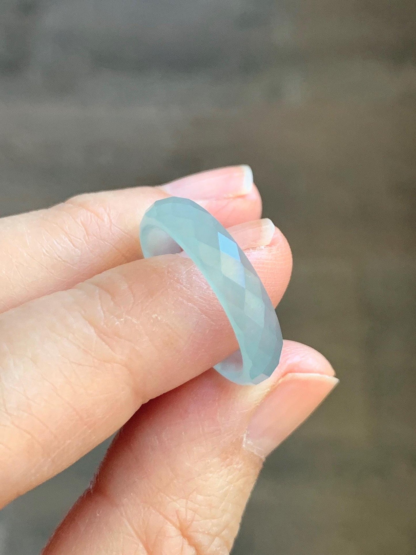 Natural Grade A Guatemalan Icy Highly Translucent Pale Teal Jade Jadeite Diamond Faceted Band Ring Size 8.25 US 天然冰危浅蓝绿翡翠切割面戒圈戒指 WQD110A