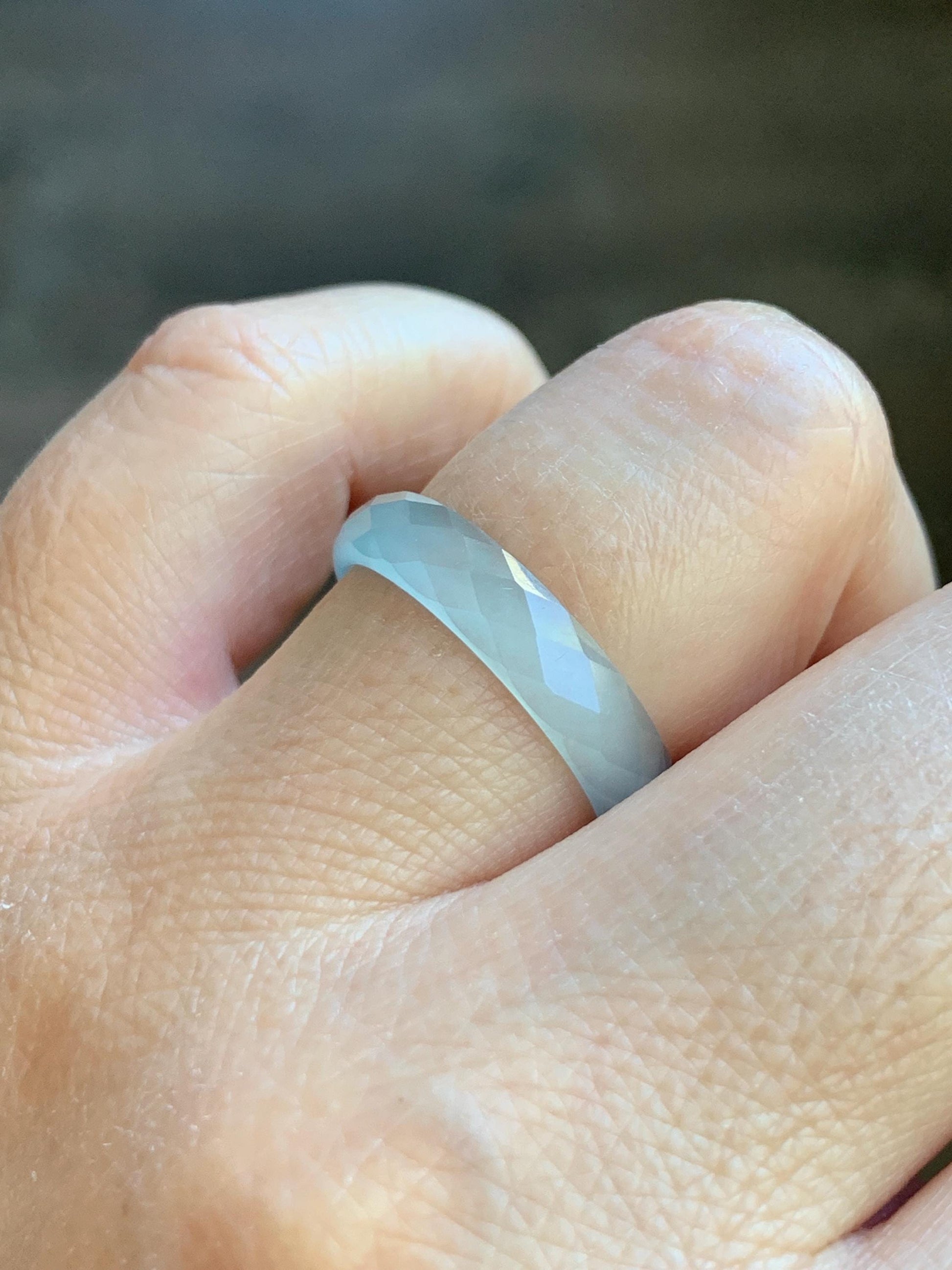 Natural Grade A Guatemalan Icy Highly Translucent Pale Teal Jade Jadeite Diamond Faceted Band Ring Size 8.25 US 天然冰危浅蓝绿翡翠切割面戒圈戒指 WQD110A