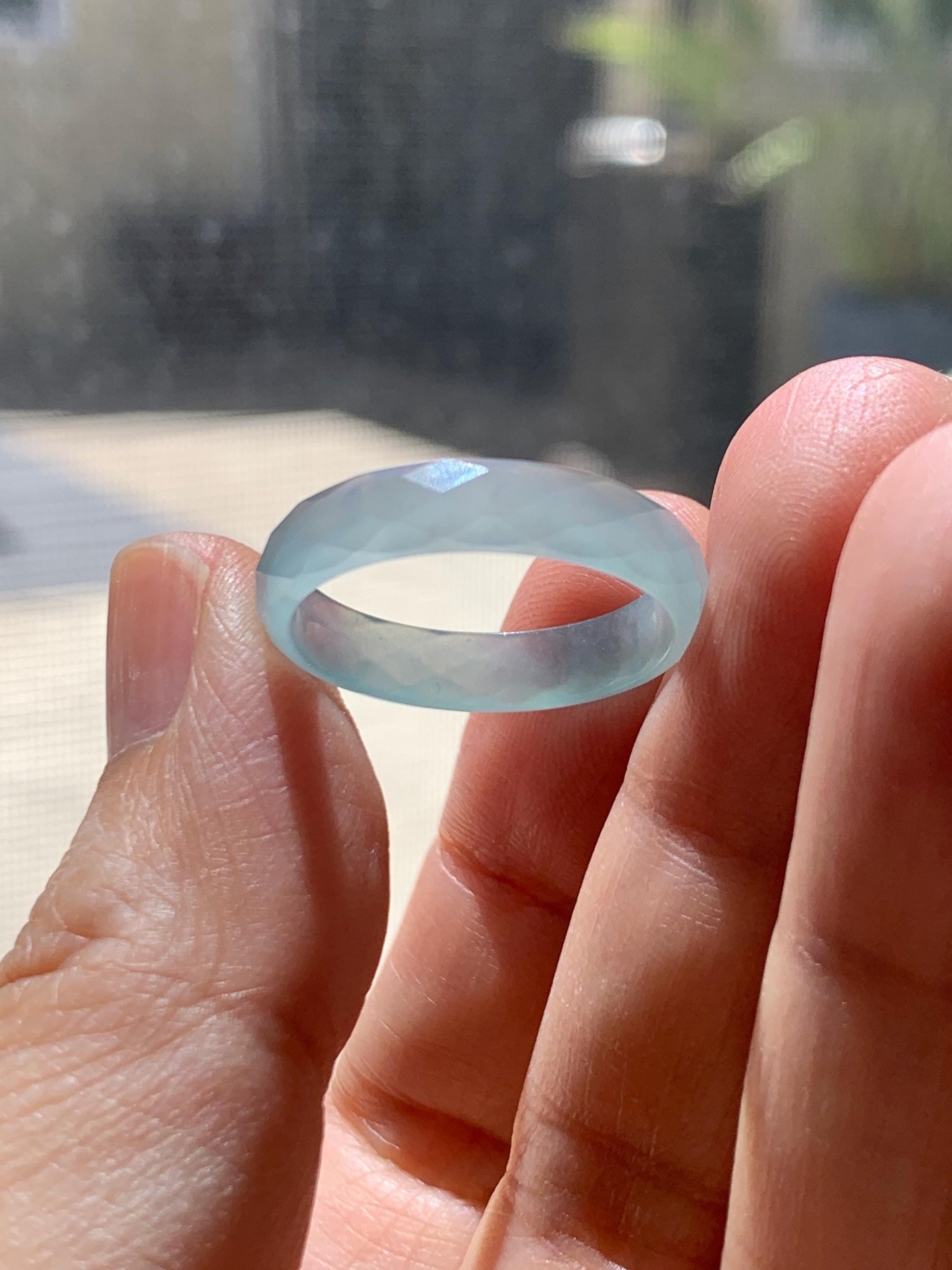 Natural Grade A Guatemalan Icy Highly Translucent Pale Teal Jade Jadeite Diamond Faceted Band Ring Size 8.25 US 天然冰危浅蓝绿翡翠切割面戒圈戒指 WQD110A