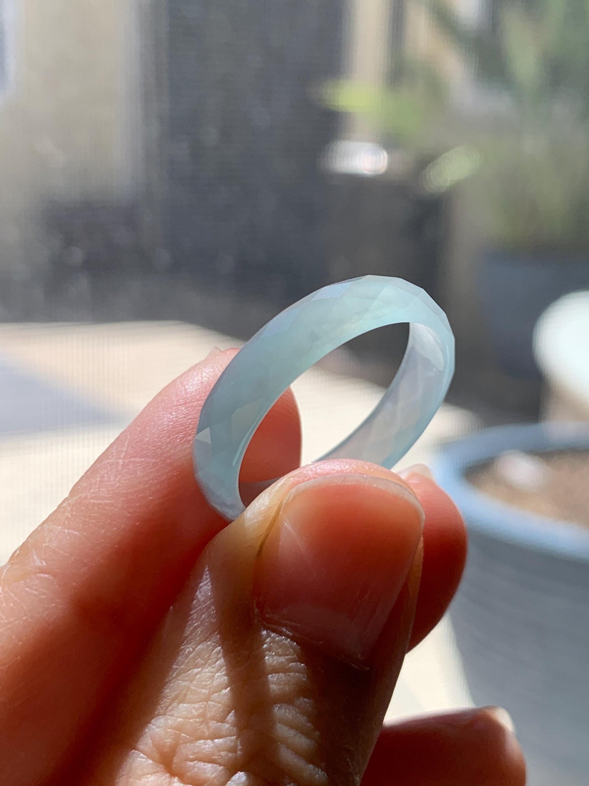 Natural Grade A Guatemalan Icy Highly Translucent Pale Teal Jade Jadeite Diamond Faceted Band Ring Size 8.25 US 天然冰危浅蓝绿翡翠切割面戒圈戒指 WQD110A