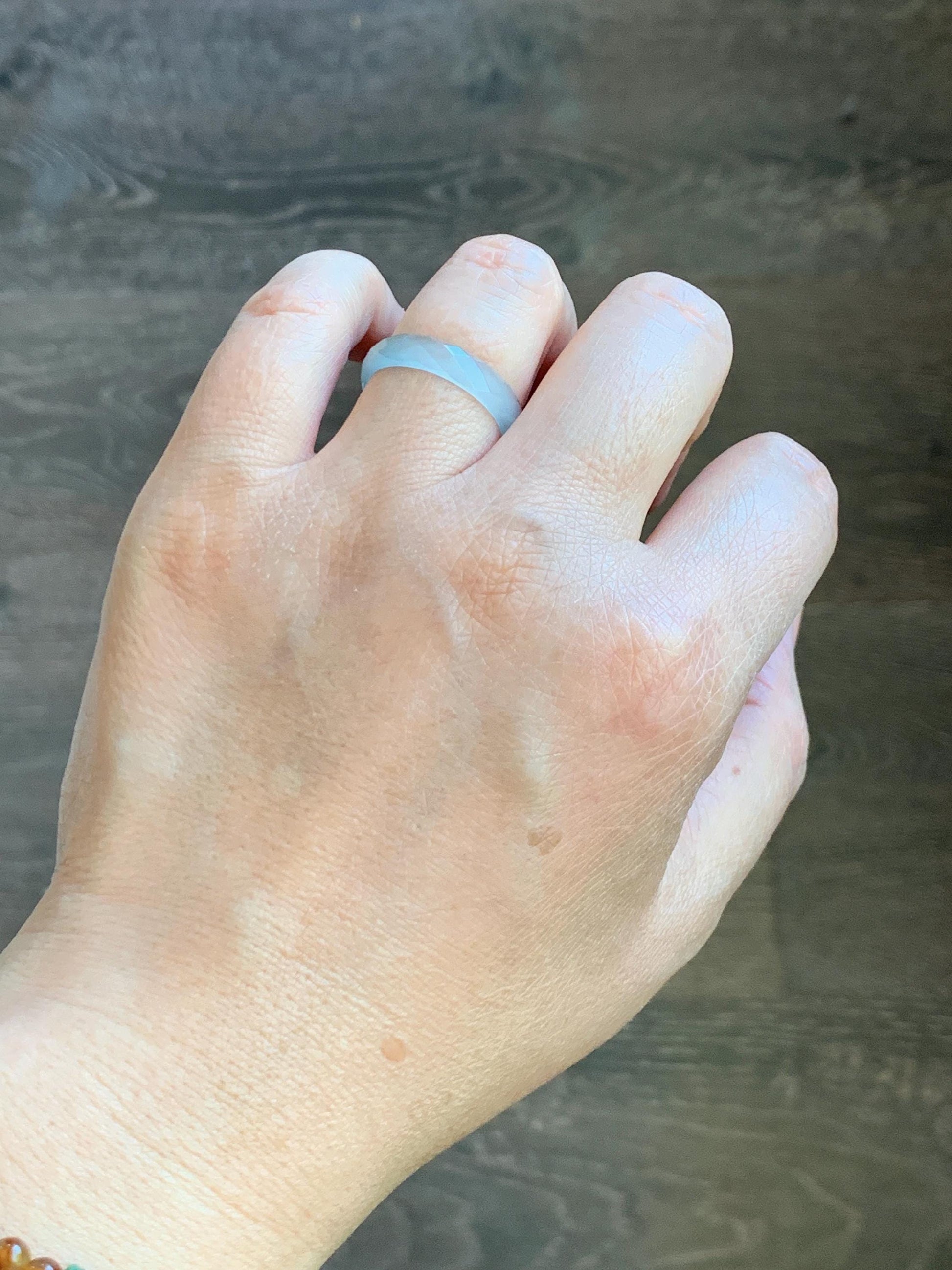 Natural Grade A Guatemalan Icy Highly Translucent Pale Teal Jade Jadeite Diamond Faceted Band Ring Size 8.25 US 天然冰危浅蓝绿翡翠切割面戒圈戒指 WQD110A