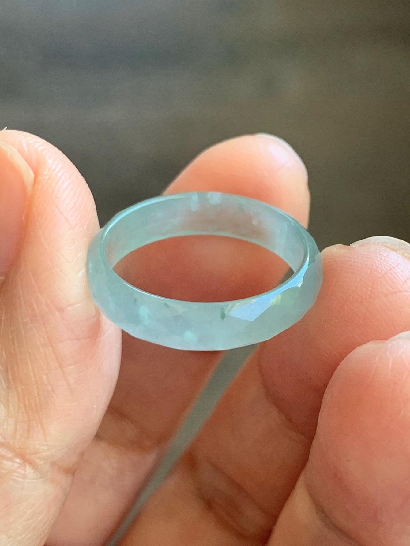Natural Grade A Guatemalan Icy Highly Translucent Pale Teal Jade Jadeite Diamond Faceted Band Ring Size 7 US 天然冰危浅蓝绿翡翠切割面戒圈戒指 WQD110B