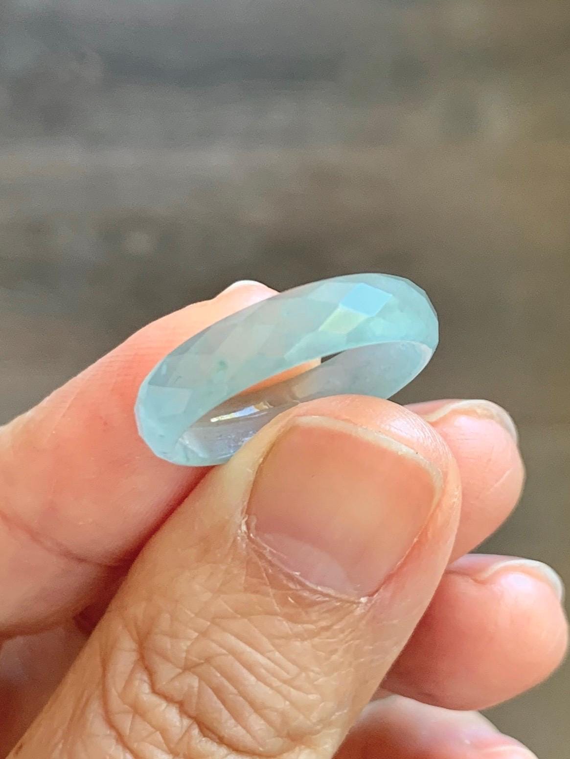 Natural Grade A Guatemalan Icy Highly Translucent Pale Teal Jade Jadeite Diamond Faceted Band Ring Size 7 US 天然冰危浅蓝绿翡翠切割面戒圈戒指 WQD110B