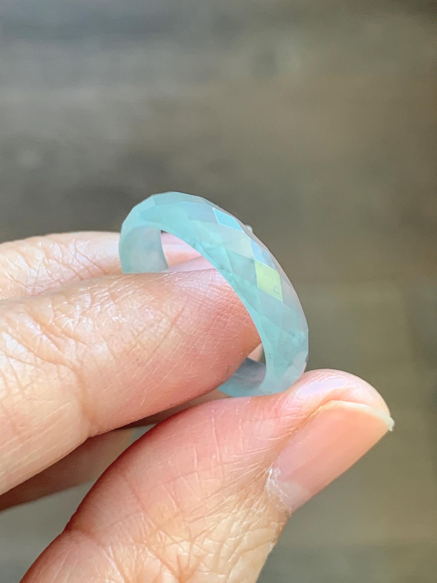 Natural Grade A Guatemalan Icy Highly Translucent Pale Teal Jade Jadeite Diamond Faceted Band Ring Size 7 US 天然冰危浅蓝绿翡翠切割面戒圈戒指 WQD110B