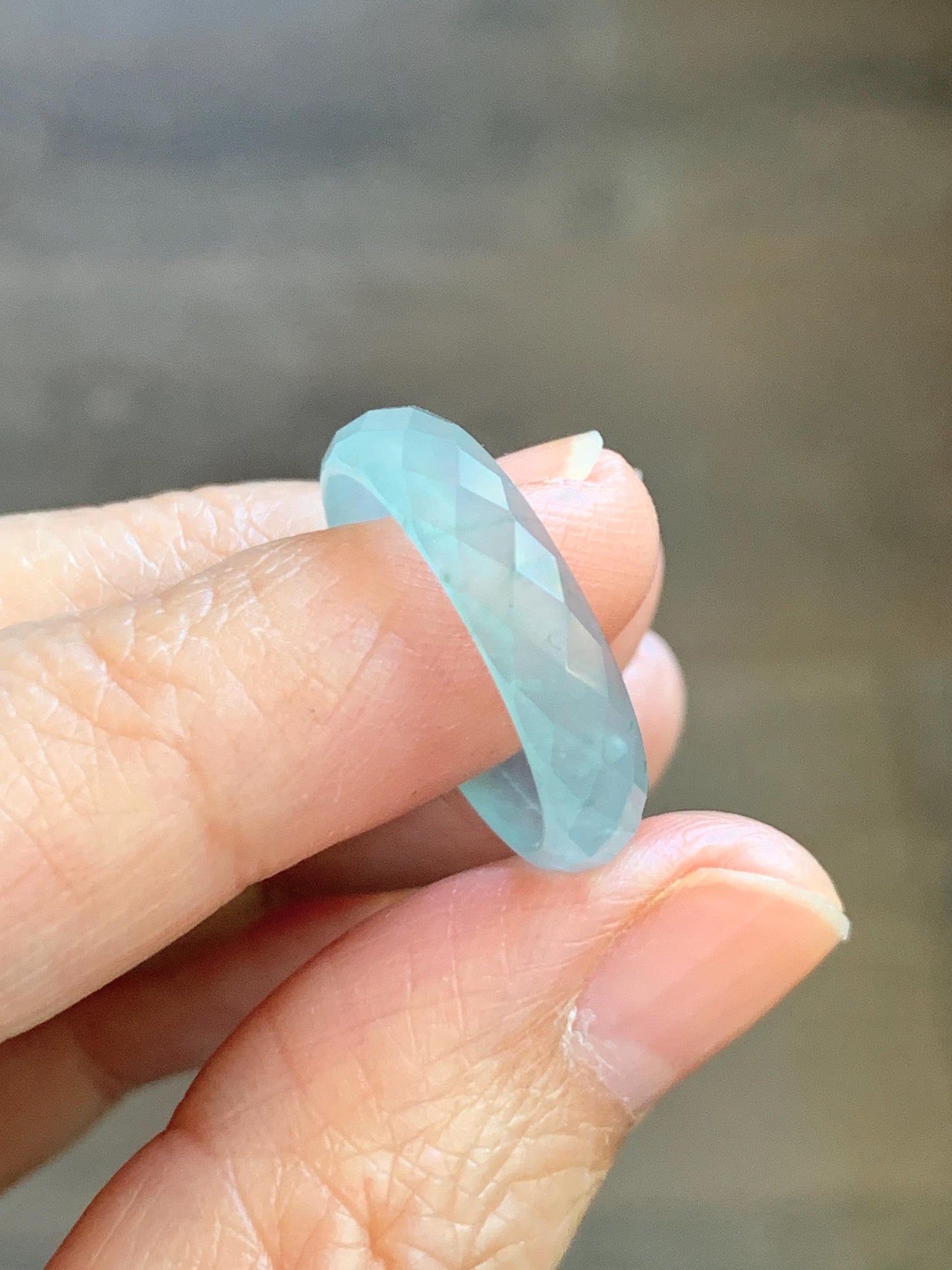 Natural Grade A Guatemalan Icy Highly Translucent Pale Teal Jade Jadeite Diamond Faceted Band Ring Size 7 US 天然冰危浅蓝绿翡翠切割面戒圈戒指 WQD110B