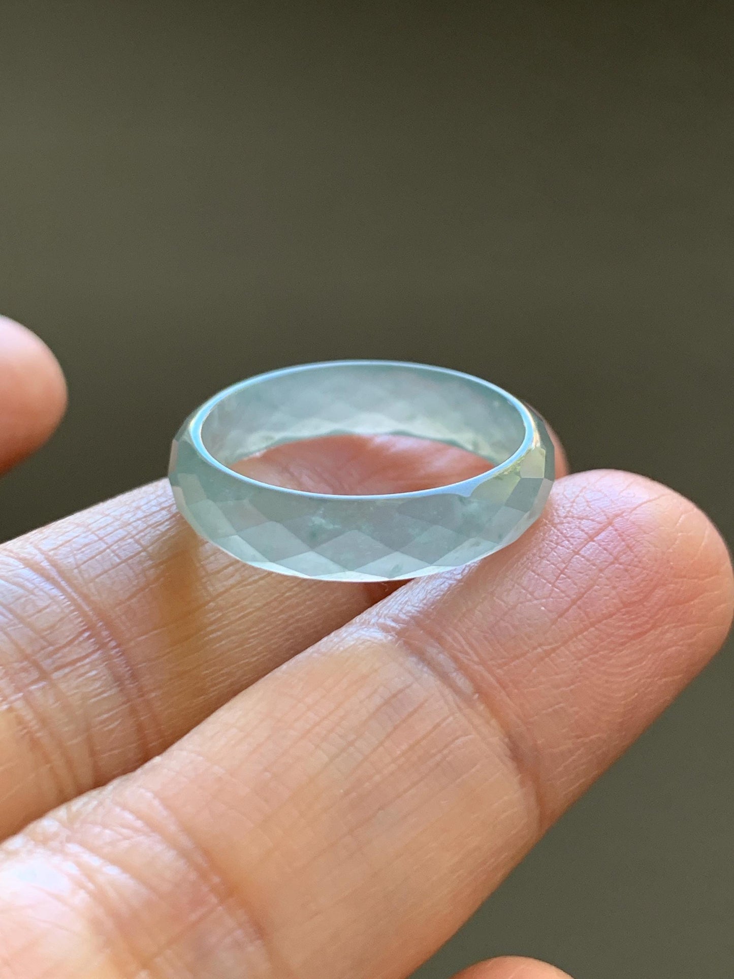 Natural Grade A Guatemalan Icy Highly Translucent Pale Teal Jade Jadeite Diamond Faceted Band Ring Size 7 US 天然冰危浅蓝绿翡翠切割面戒圈戒指 WQD110B