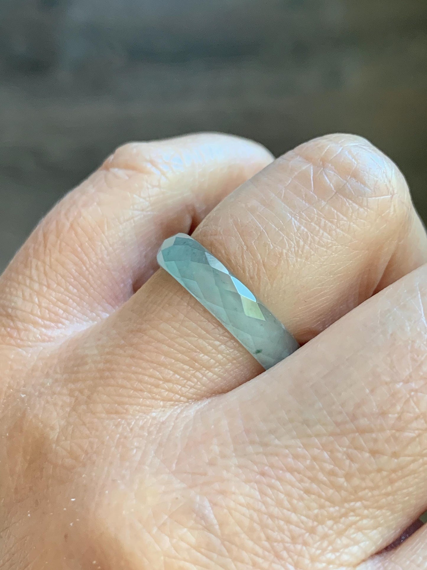 Natural Grade A Guatemalan Icy Highly Translucent Pale Teal Jade Jadeite Diamond Faceted Band Ring Size 7 US 天然冰危浅蓝绿翡翠切割面戒圈戒指 WQD110B