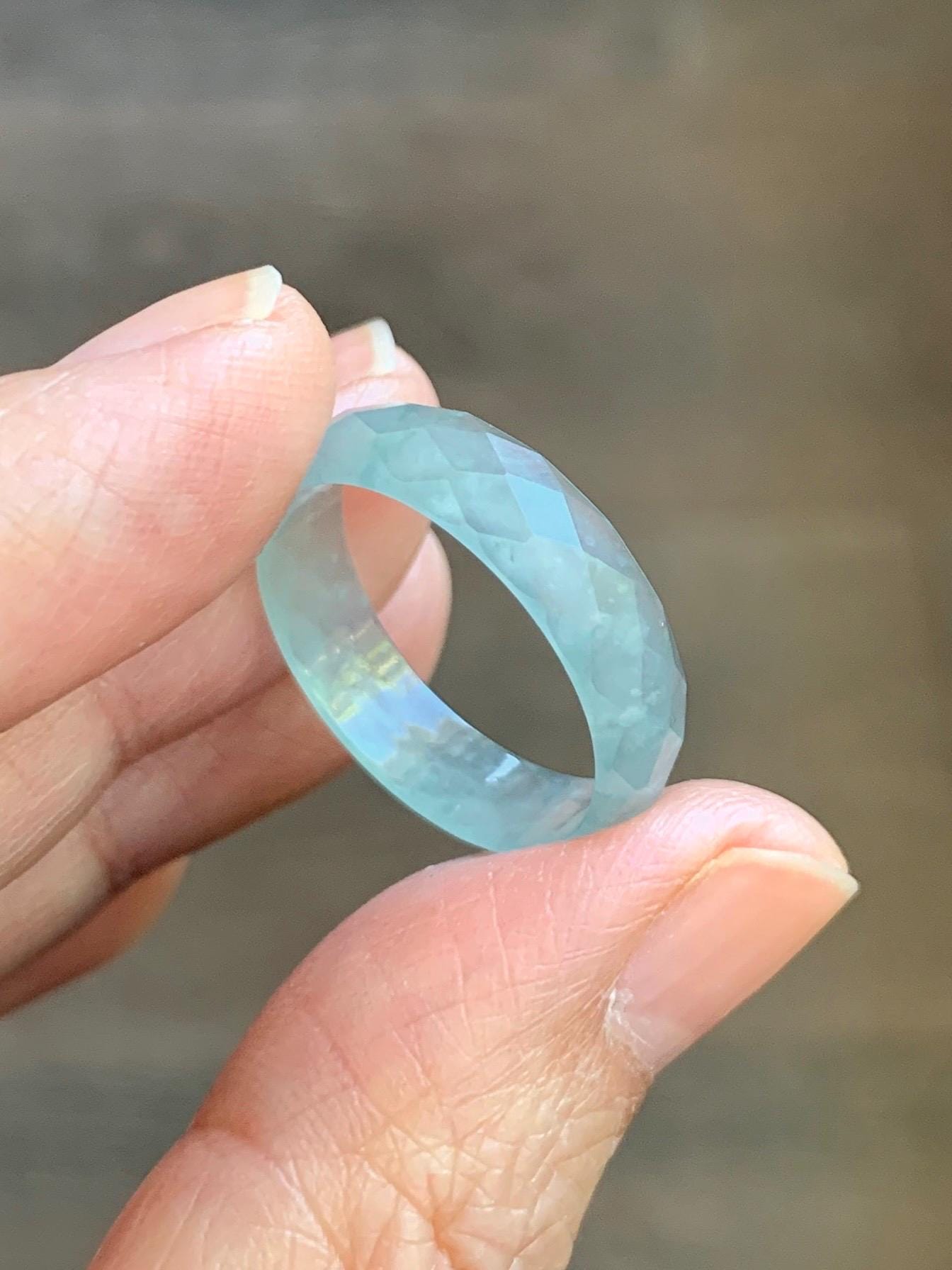 Natural Grade A Guatemalan Icy Highly Translucent Pale Teal Jade Jadeite Diamond Faceted Band Ring Size 9 US 天然冰危浅蓝绿翡翠切割面戒圈戒指 WQD110C