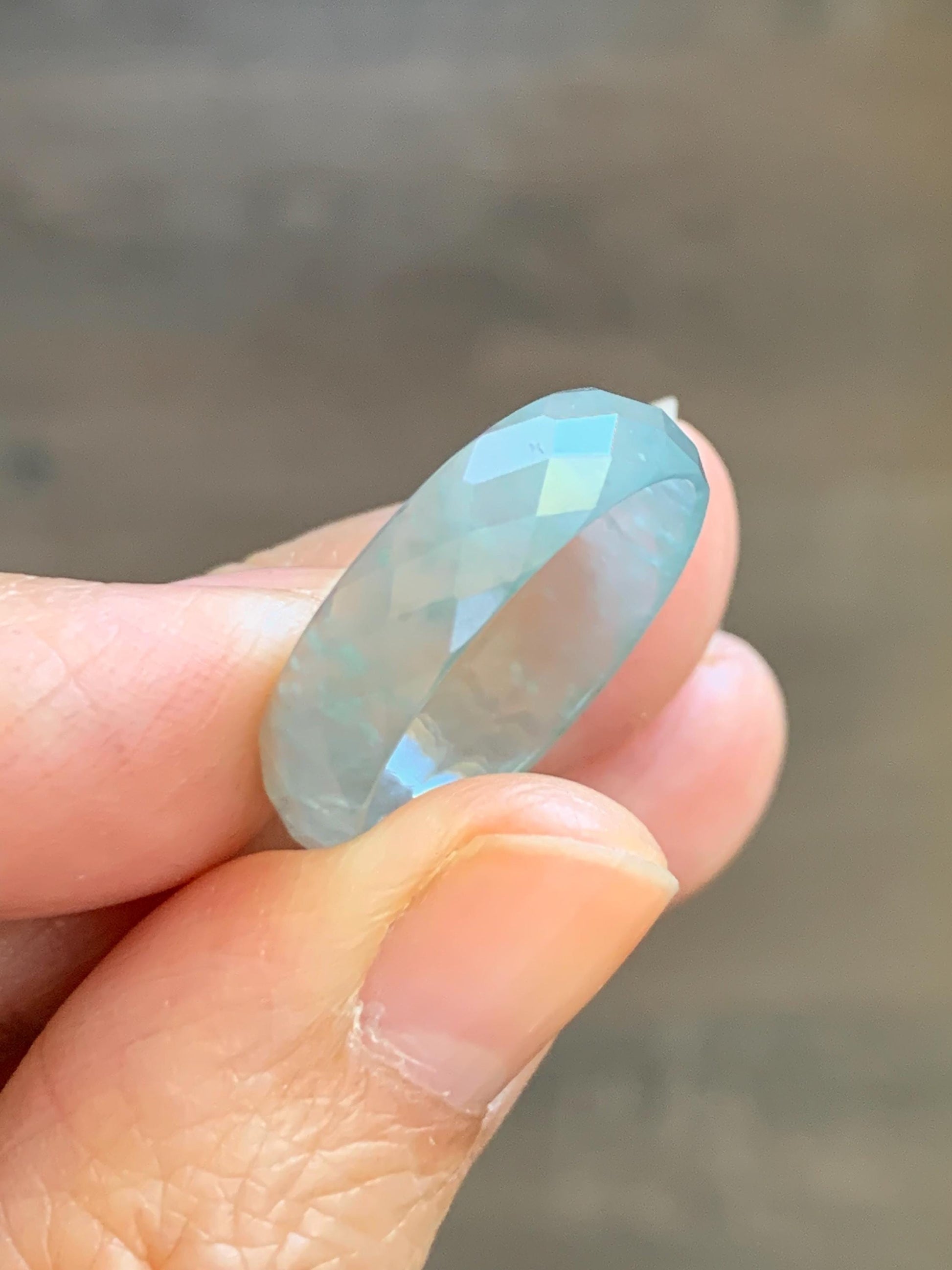 Natural Grade A Guatemalan Icy Highly Translucent Pale Teal Jade Jadeite Diamond Faceted Band Ring Size 9 US 天然冰危浅蓝绿翡翠切割面戒圈戒指 WQD110C