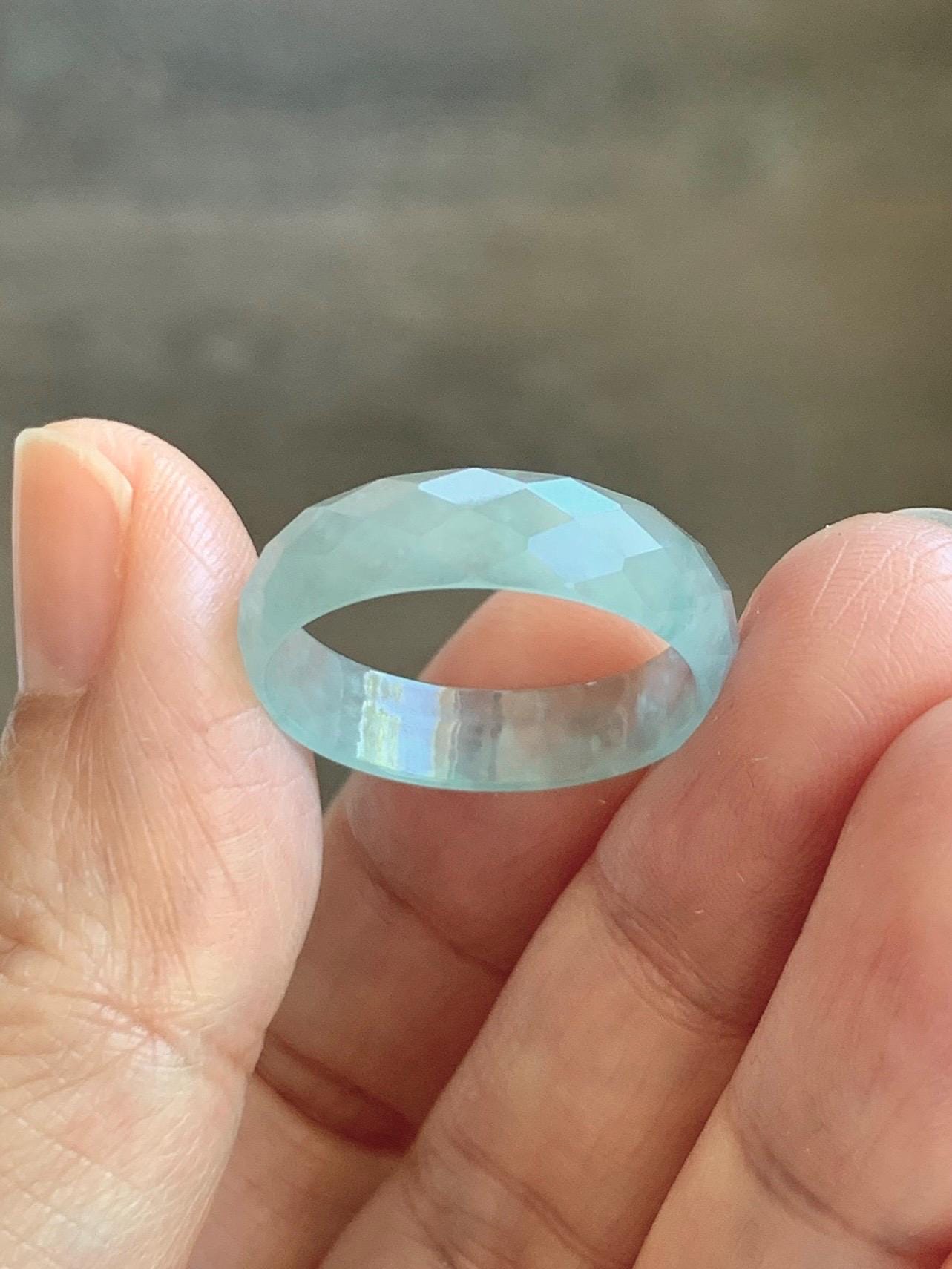 Natural Grade A Guatemalan Icy Highly Translucent Pale Teal Jade Jadeite Diamond Faceted Band Ring Size 9 US 天然冰危浅蓝绿翡翠切割面戒圈戒指 WQD110C