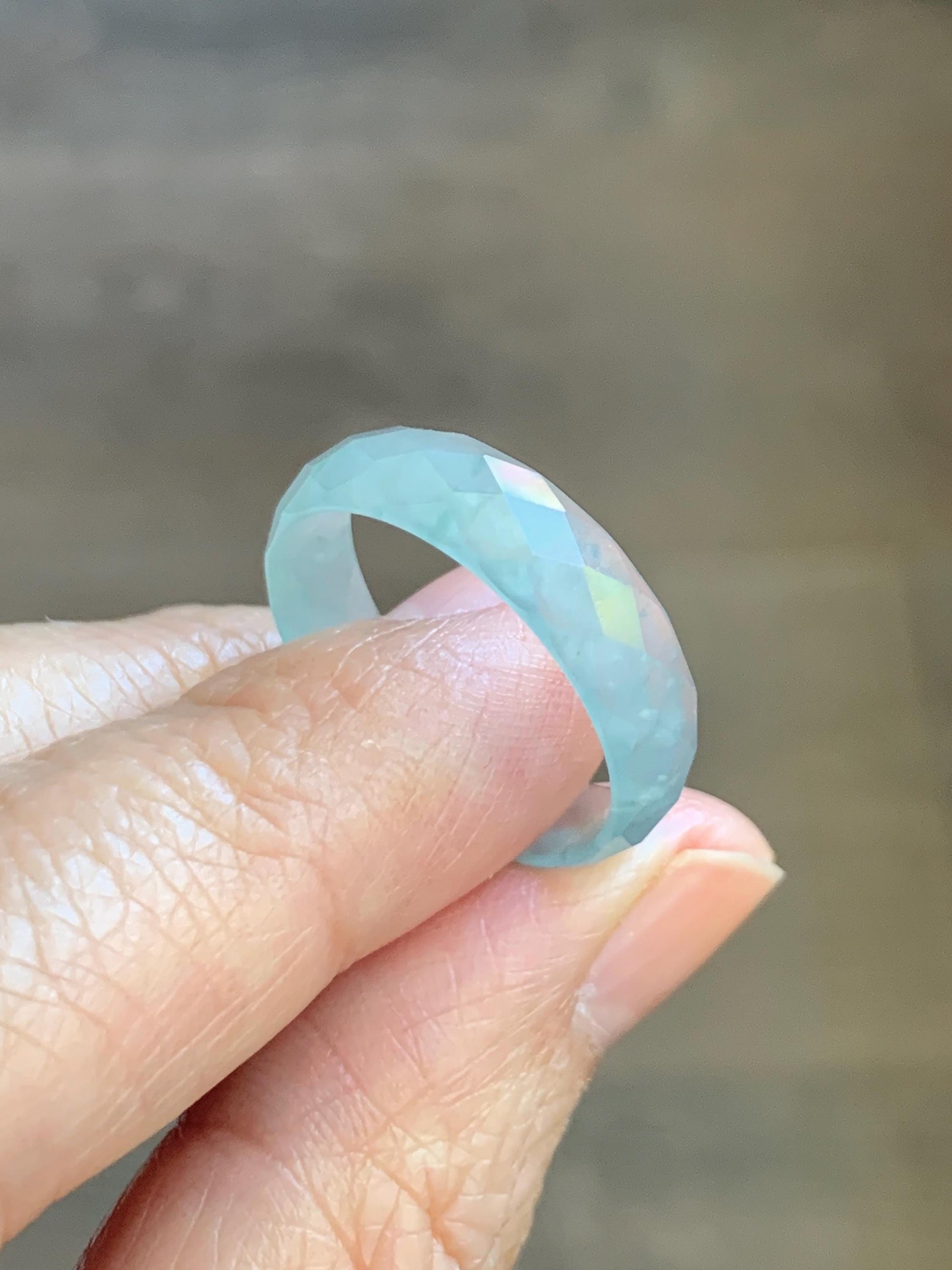 Natural Grade A Guatemalan Icy Highly Translucent Pale Teal Jade Jadeite Diamond Faceted Band Ring Size 9 US 天然冰危浅蓝绿翡翠切割面戒圈戒指 WQD110C