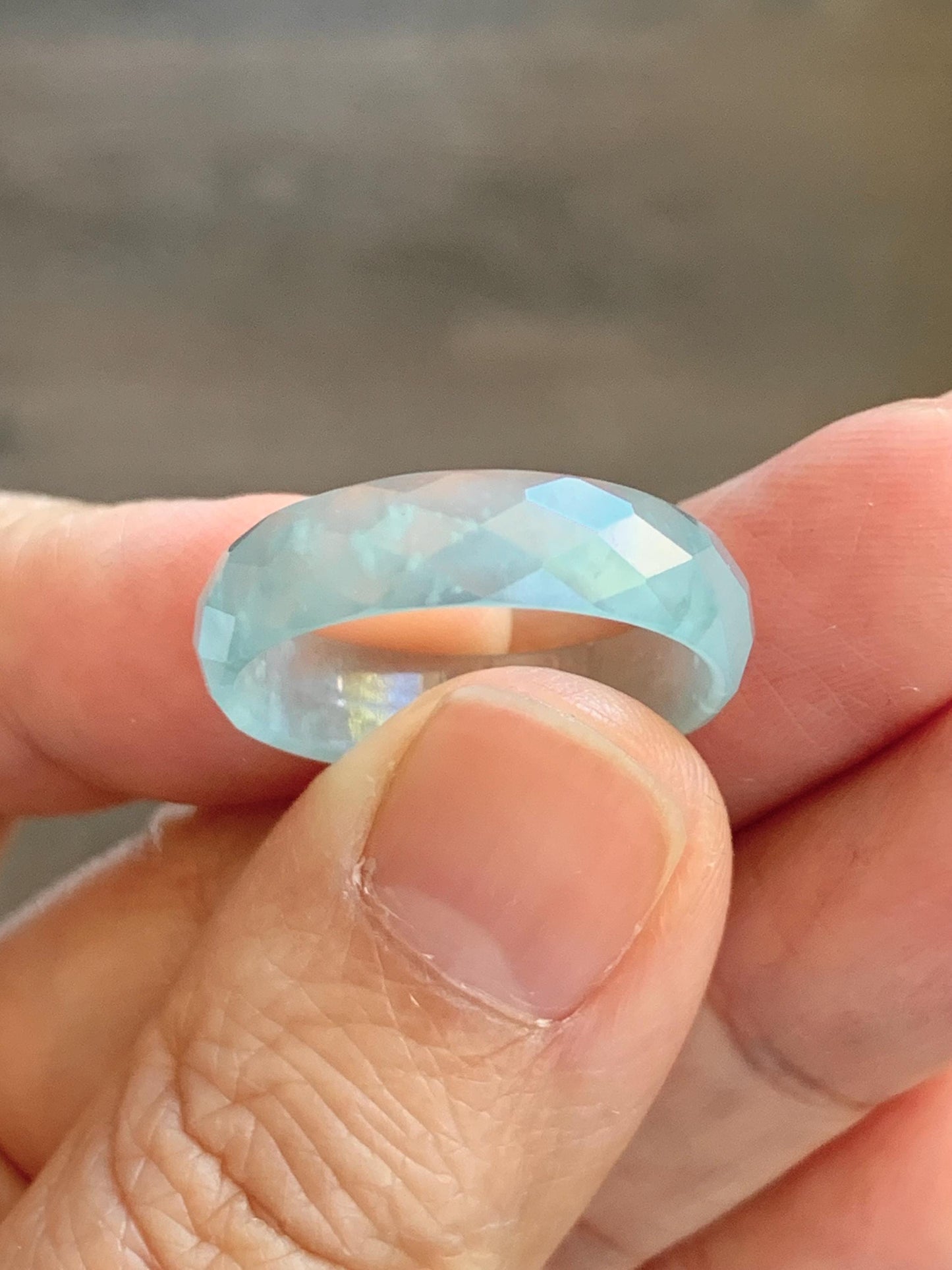 Natural Grade A Guatemalan Icy Highly Translucent Pale Teal Jade Jadeite Diamond Faceted Band Ring Size 9 US 天然冰危浅蓝绿翡翠切割面戒圈戒指 WQD110C