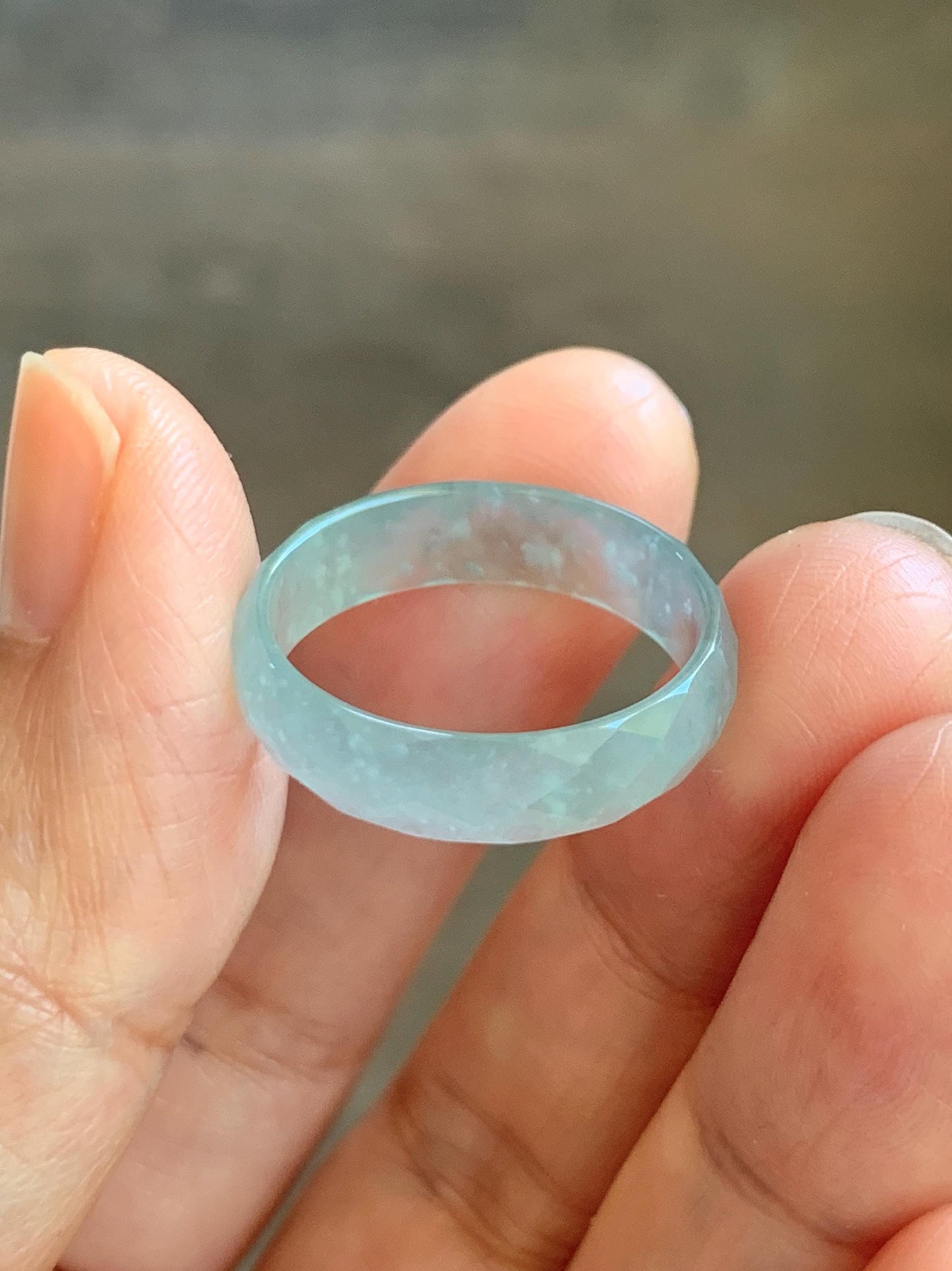 Natural Grade A Guatemalan Icy Highly Translucent Pale Teal Jade Jadeite Diamond Faceted Band Ring Size 9 US 天然冰危浅蓝绿翡翠切割面戒圈戒指 WQD110C