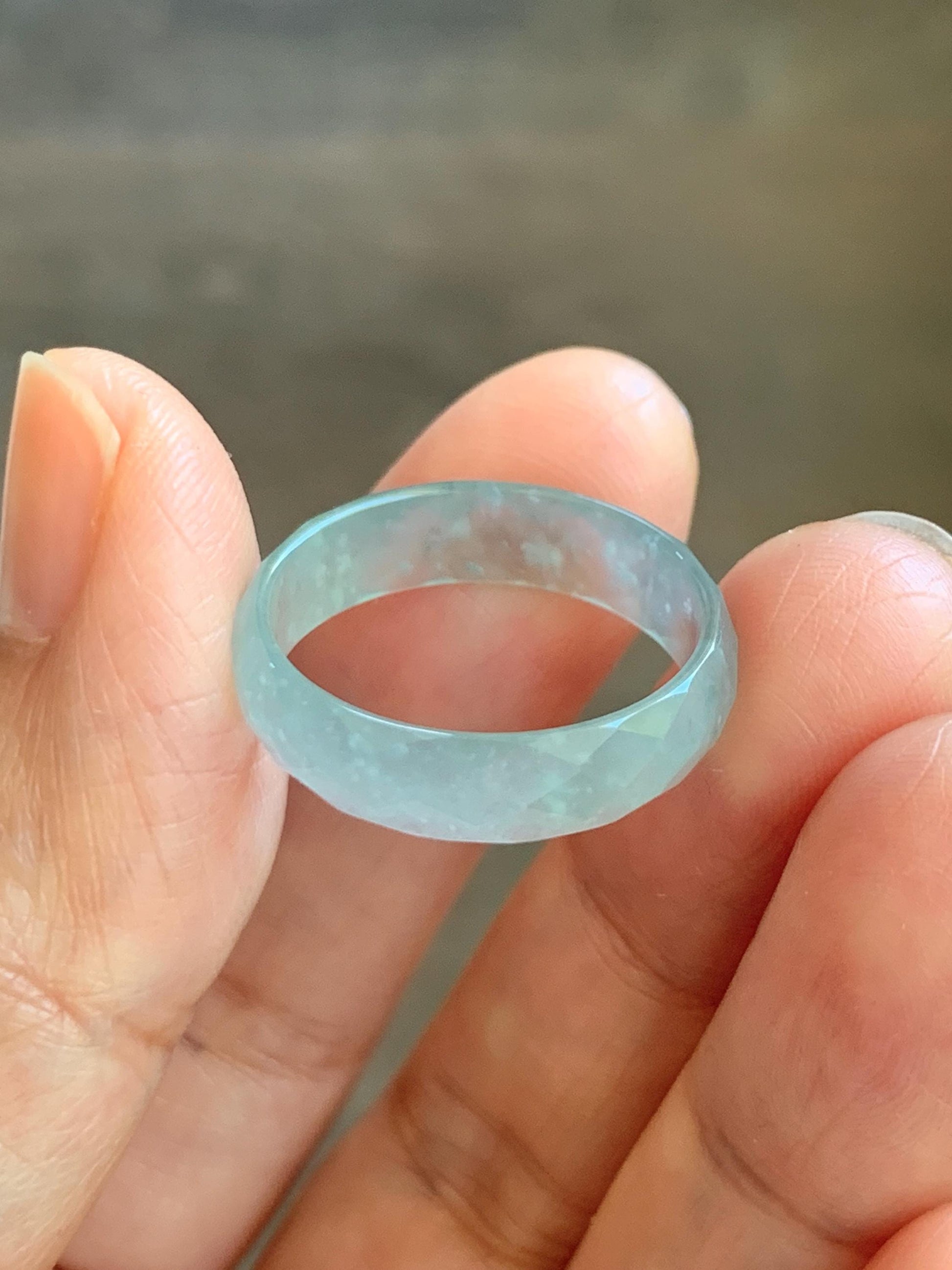 Natural Grade A Guatemalan Icy Highly Translucent Pale Teal Jade Jadeite Diamond Faceted Band Ring Size 9 US 天然冰危浅蓝绿翡翠切割面戒圈戒指 WQD110C