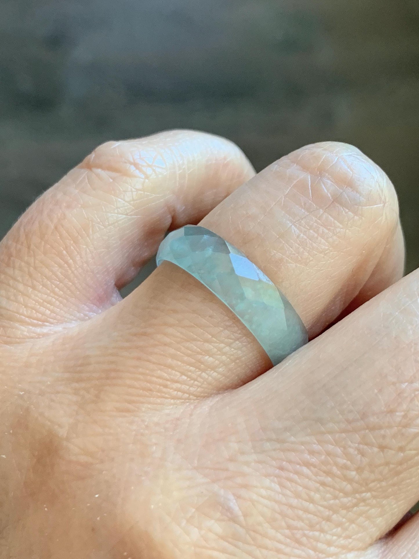 Natural Grade A Guatemalan Icy Highly Translucent Pale Teal Jade Jadeite Diamond Faceted Band Ring Size 9 US 天然冰危浅蓝绿翡翠切割面戒圈戒指 WQD110C