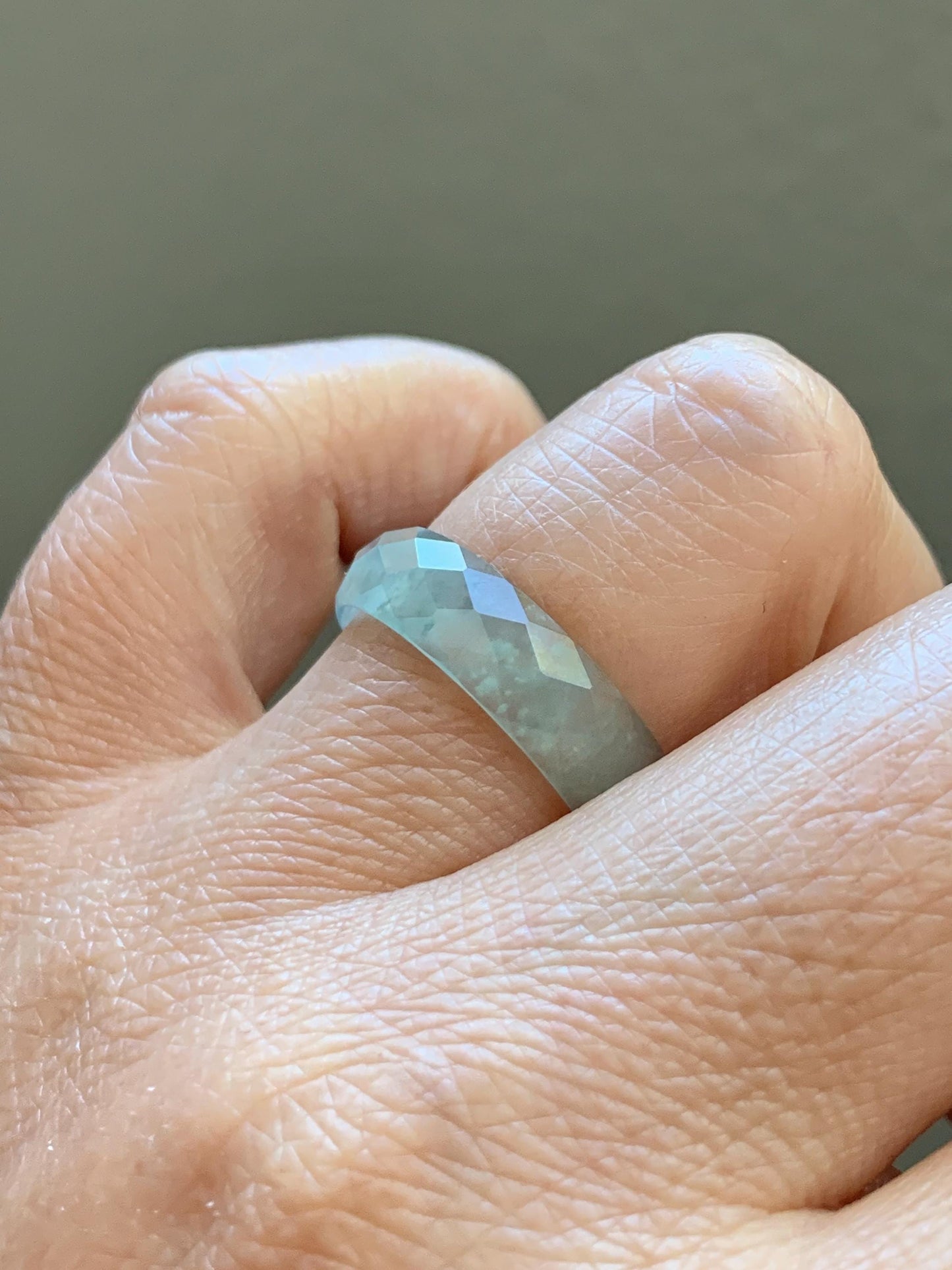 Natural Grade A Guatemalan Icy Highly Translucent Pale Teal Jade Jadeite Diamond Faceted Band Ring Size 9 US 天然冰危浅蓝绿翡翠切割面戒圈戒指 WQD110C
