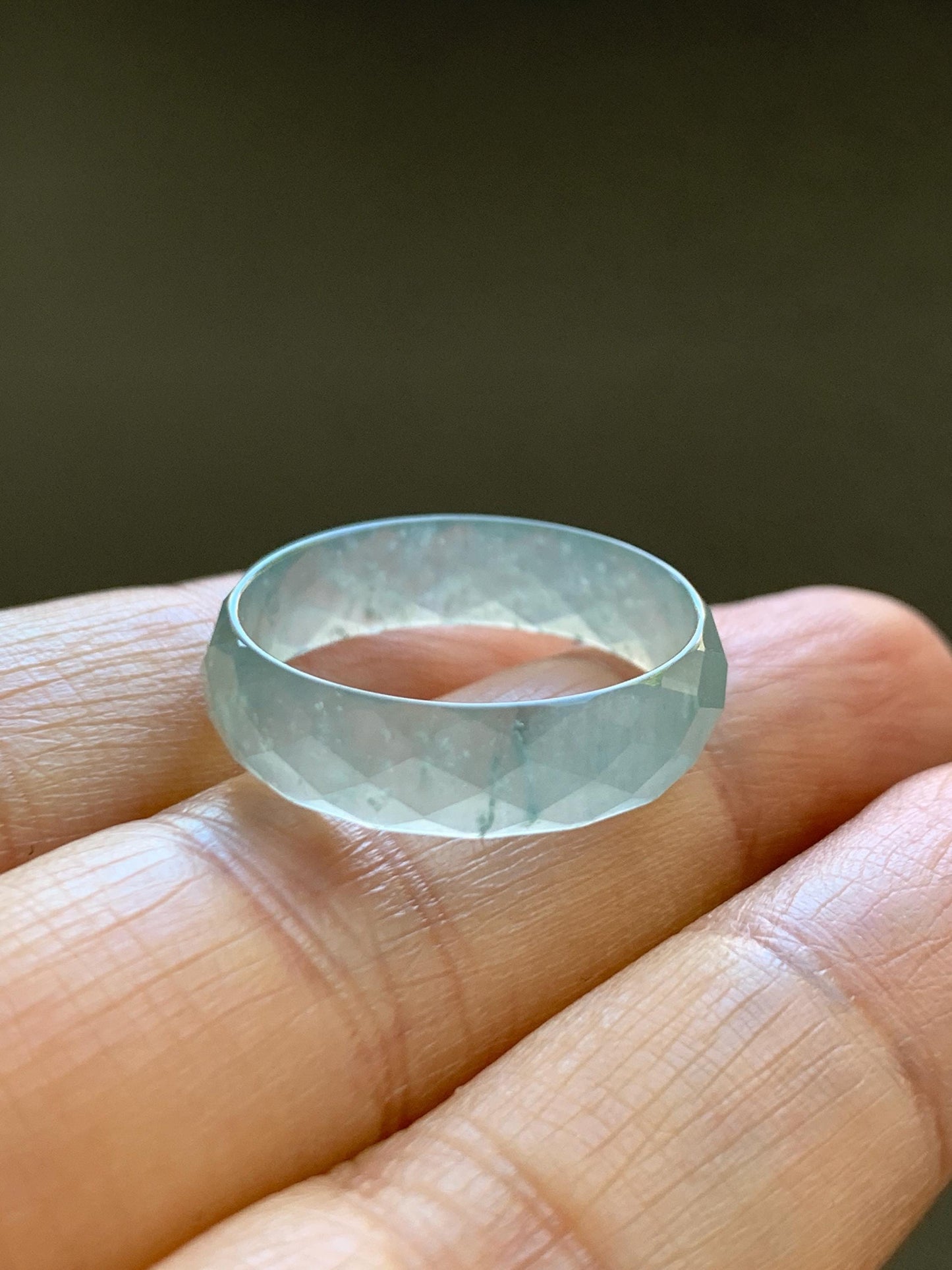 Natural Grade A Guatemalan Icy Highly Translucent Pale Teal Jade Jadeite Diamond Faceted Band Ring Size 9 US 天然冰危浅蓝绿翡翠切割面戒圈戒指 WQD110C