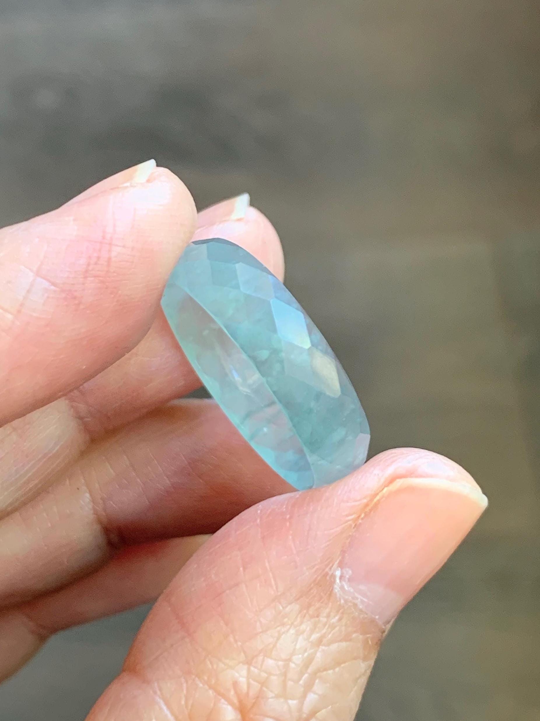 Natural Grade A Guatemalan Icy Highly Translucent Pale Teal Jade Jadeite Diamond Faceted Band Ring Size 9 US 天然冰危浅蓝绿翡翠切割面戒圈戒指 WQD110C