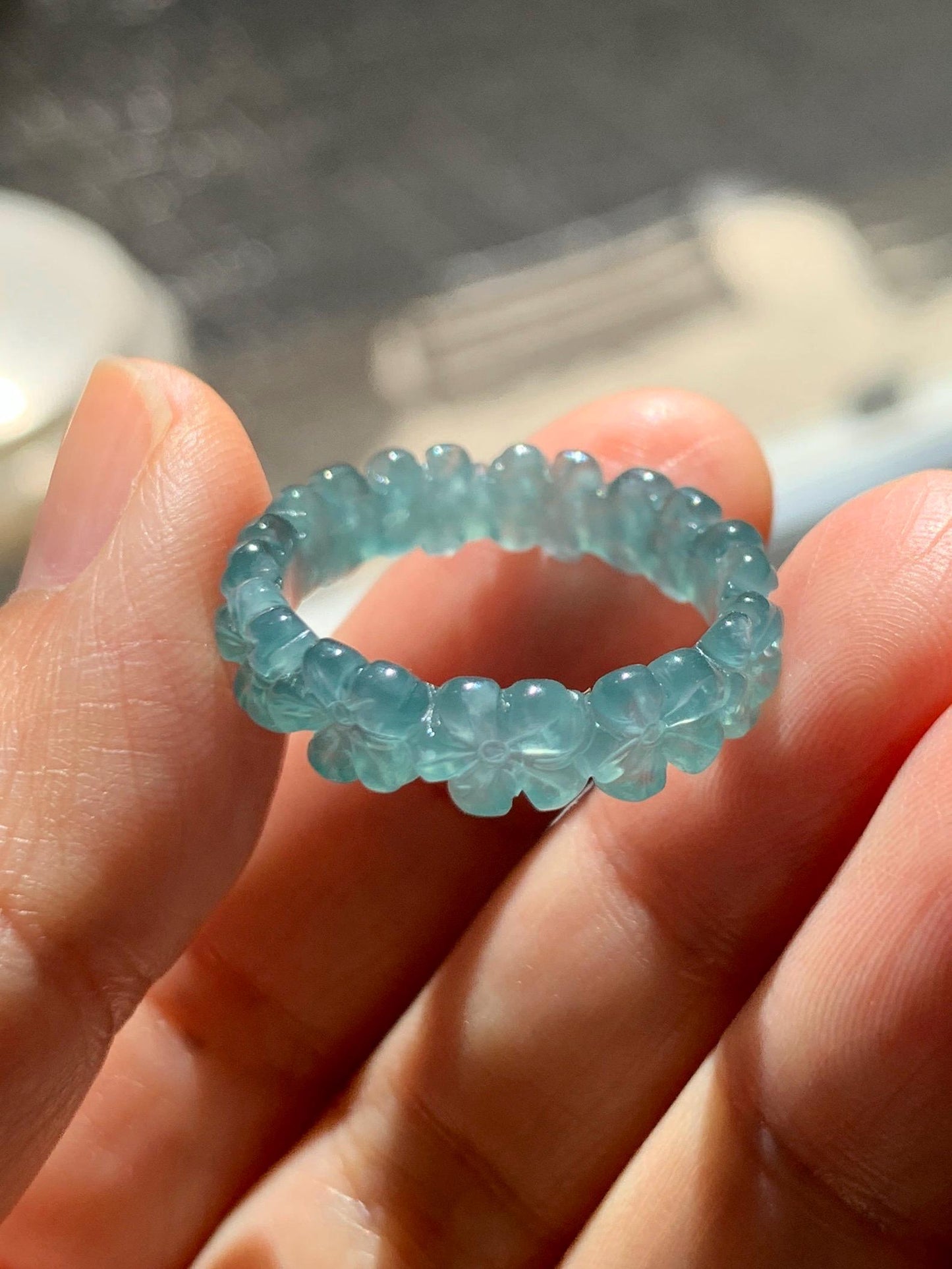 Certified Grade A Natural Guatemalan Icy Translucent Teal Blue Jade Jadeite Carved Cherry Blossom Band Ring Size 9 US 天然冰胶起光危蓝翡翠梅花戒圈 WMJ330C