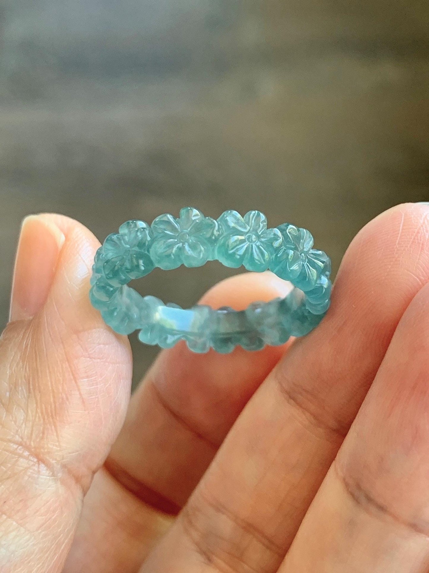 Certified Grade A Natural Guatemalan Icy Translucent Teal Blue Jade Jadeite Carved Cherry Blossom Band Ring Size 9 US 天然冰胶起光危蓝翡翠梅花戒圈 WMJ330C