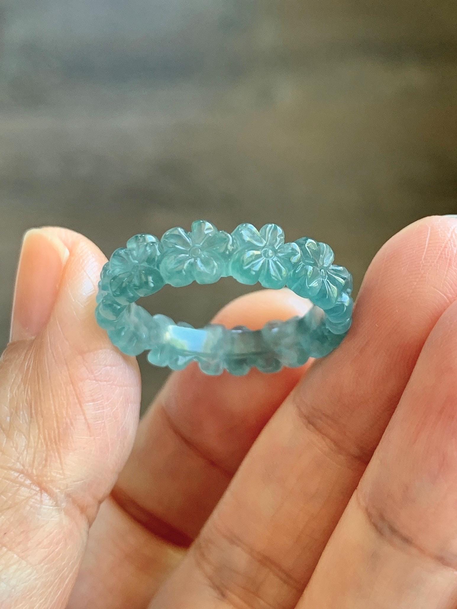 Certified Grade A Natural Guatemalan Icy Translucent Teal Blue Jade Jadeite Carved Cherry Blossom Band Ring Size 9 US 天然冰胶起光危蓝翡翠梅花戒圈 WMJ330C