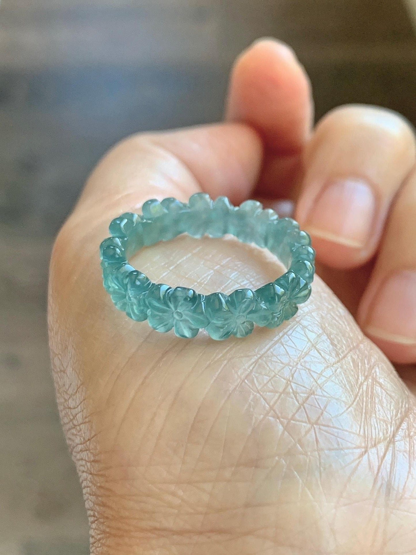 Certified Grade A Natural Guatemalan Icy Translucent Teal Blue Jade Jadeite Carved Cherry Blossom Band Ring Size 9 US 天然冰胶起光危蓝翡翠梅花戒圈 WMJ330C