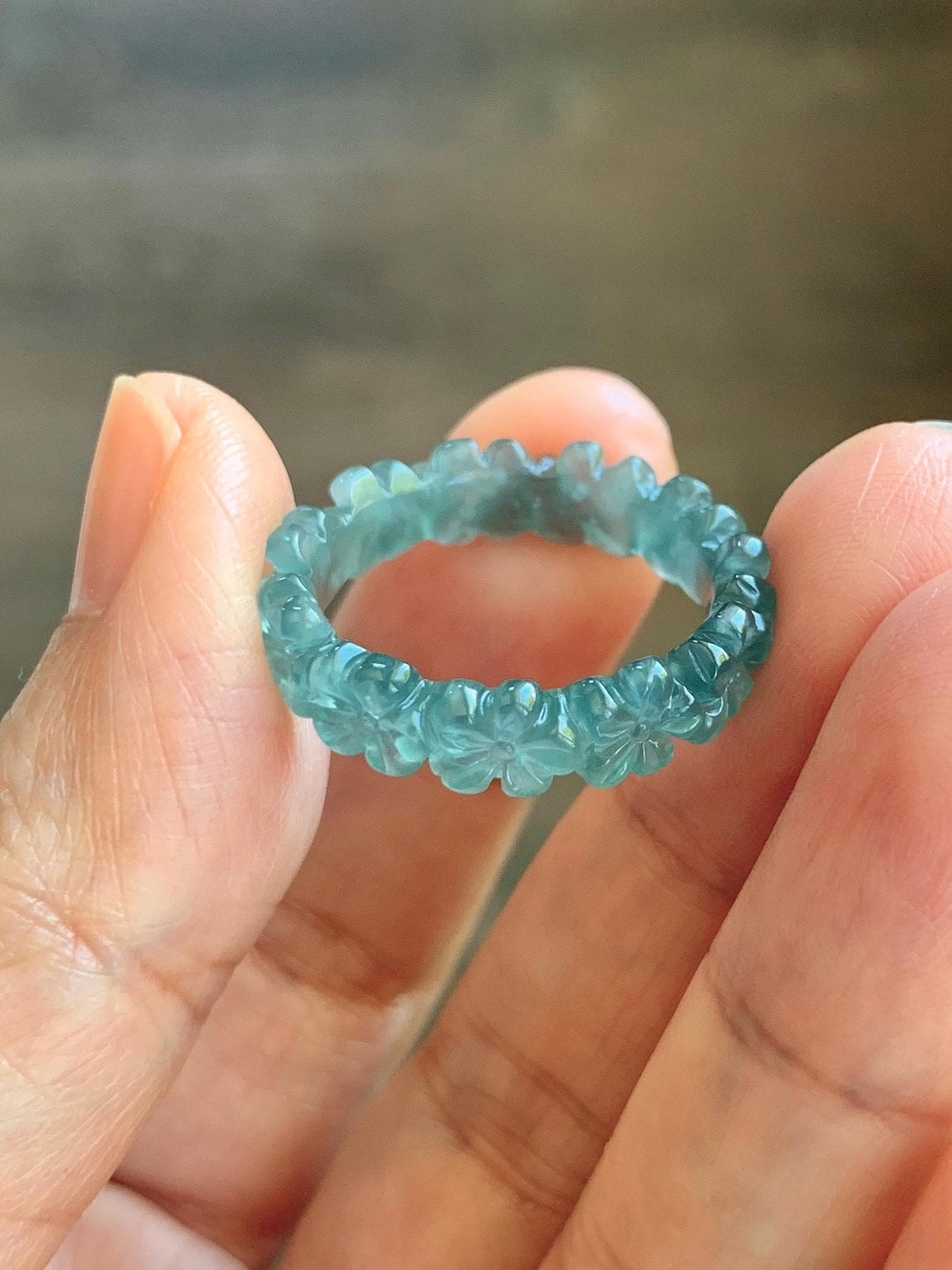 Certified Grade A Natural Guatemalan Icy Translucent Teal Blue Jade Jadeite Carved Cherry Blossom Band Ring Size 9 US 天然冰胶起光危蓝翡翠梅花戒圈 WMJ330C