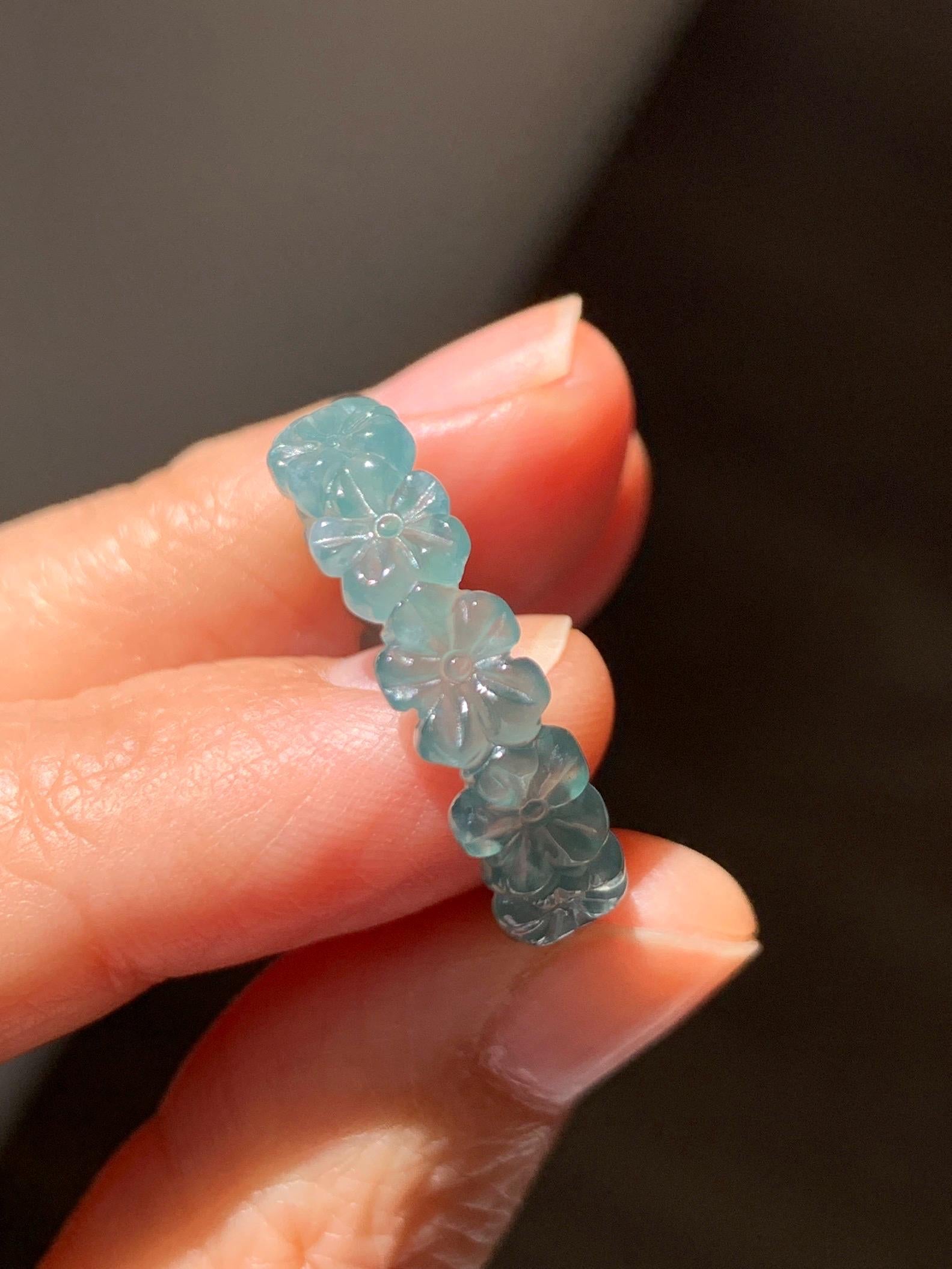 Certified Grade A Natural Guatemalan Icy Translucent Teal Blue Jade Jadeite Carved Cherry Blossom Band Ring Size 9 US 天然冰胶起光危蓝翡翠梅花戒圈 WMJ330C