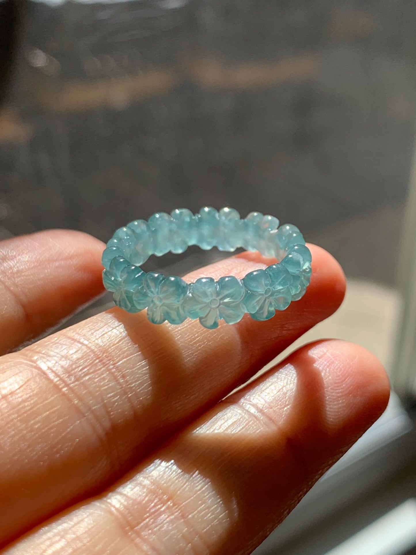 Certified Grade A Natural Guatemalan Icy Translucent Teal Blue Jade Jadeite Carved Cherry Blossom Band Ring Size 9 US 天然冰胶起光危蓝翡翠梅花戒圈 WMJ330C