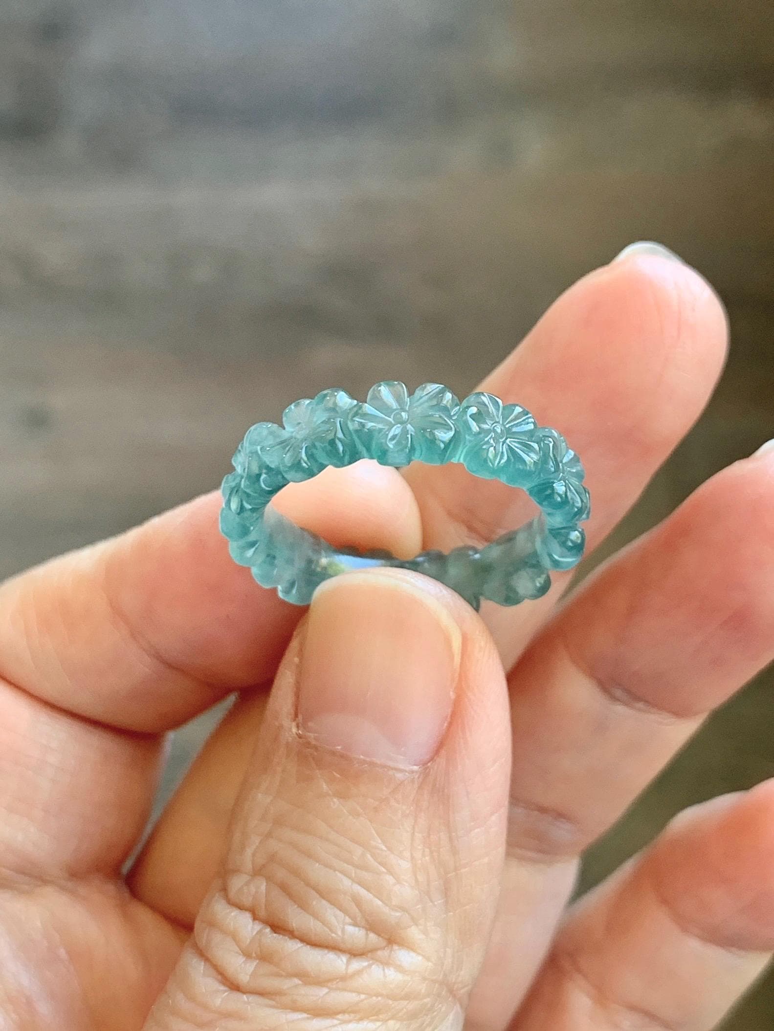 Certified Grade A Natural Guatemalan Icy Translucent Teal Blue Jade Jadeite Carved Cherry Blossom Band Ring Size 9 US 天然冰胶起光危蓝翡翠梅花戒圈 WMJ330C