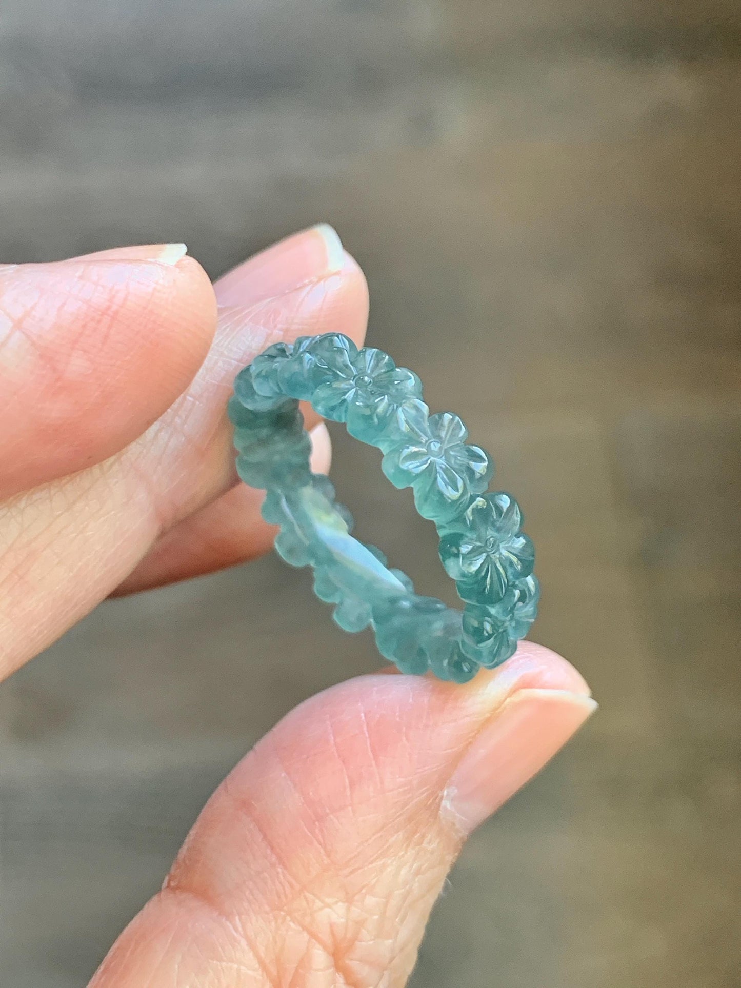 Certified Grade A Natural Guatemalan Icy Translucent Teal Blue Jade Jadeite Carved Cherry Blossom Band Ring Size 9 US 天然冰胶起光危蓝翡翠梅花戒圈 WMJ330C