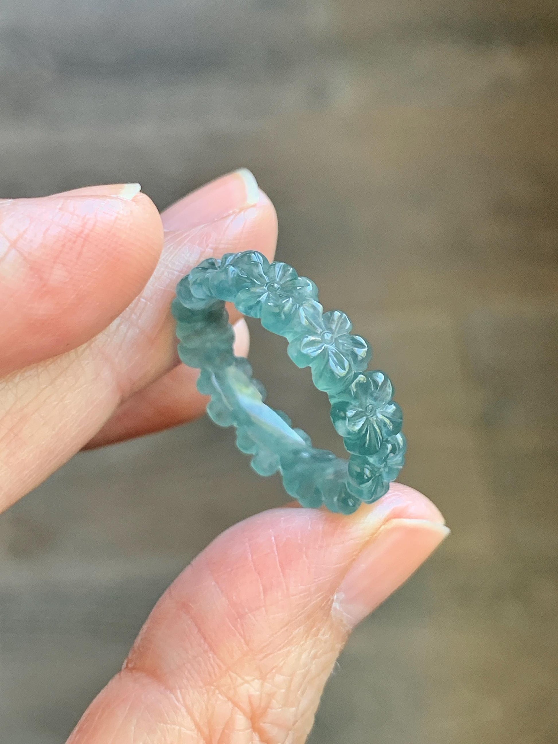 Certified Grade A Natural Guatemalan Icy Translucent Teal Blue Jade Jadeite Carved Cherry Blossom Band Ring Size 9 US 天然冰胶起光危蓝翡翠梅花戒圈 WMJ330C