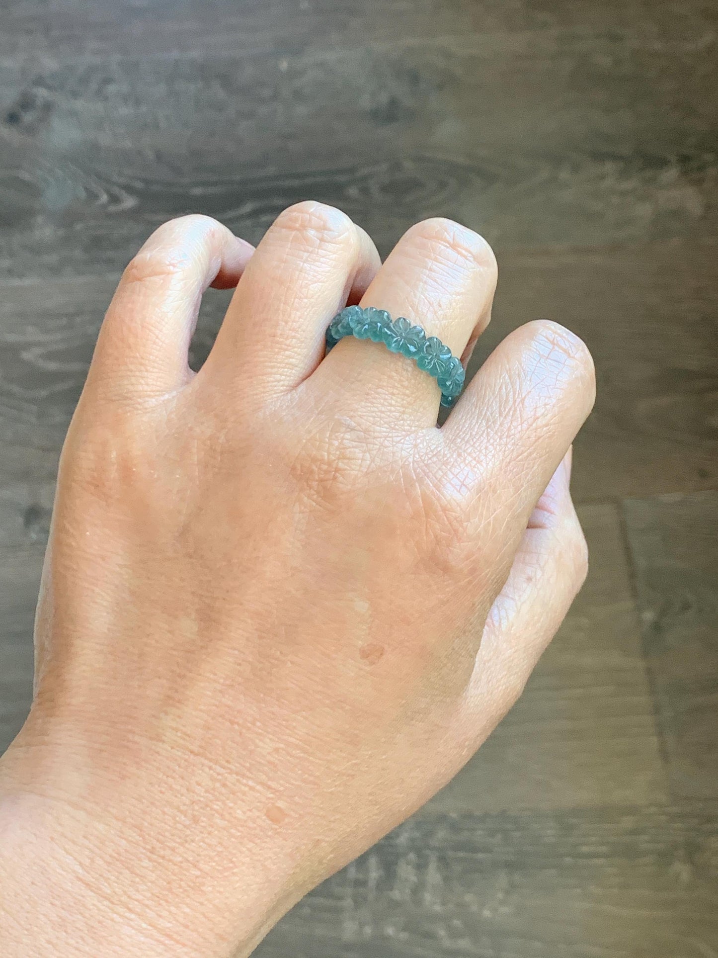 Certified Grade A Natural Guatemalan Icy Translucent Teal Blue Jade Jadeite Carved Cherry Blossom Band Ring Size 9 US 天然冰胶起光危蓝翡翠梅花戒圈 WMJ330C