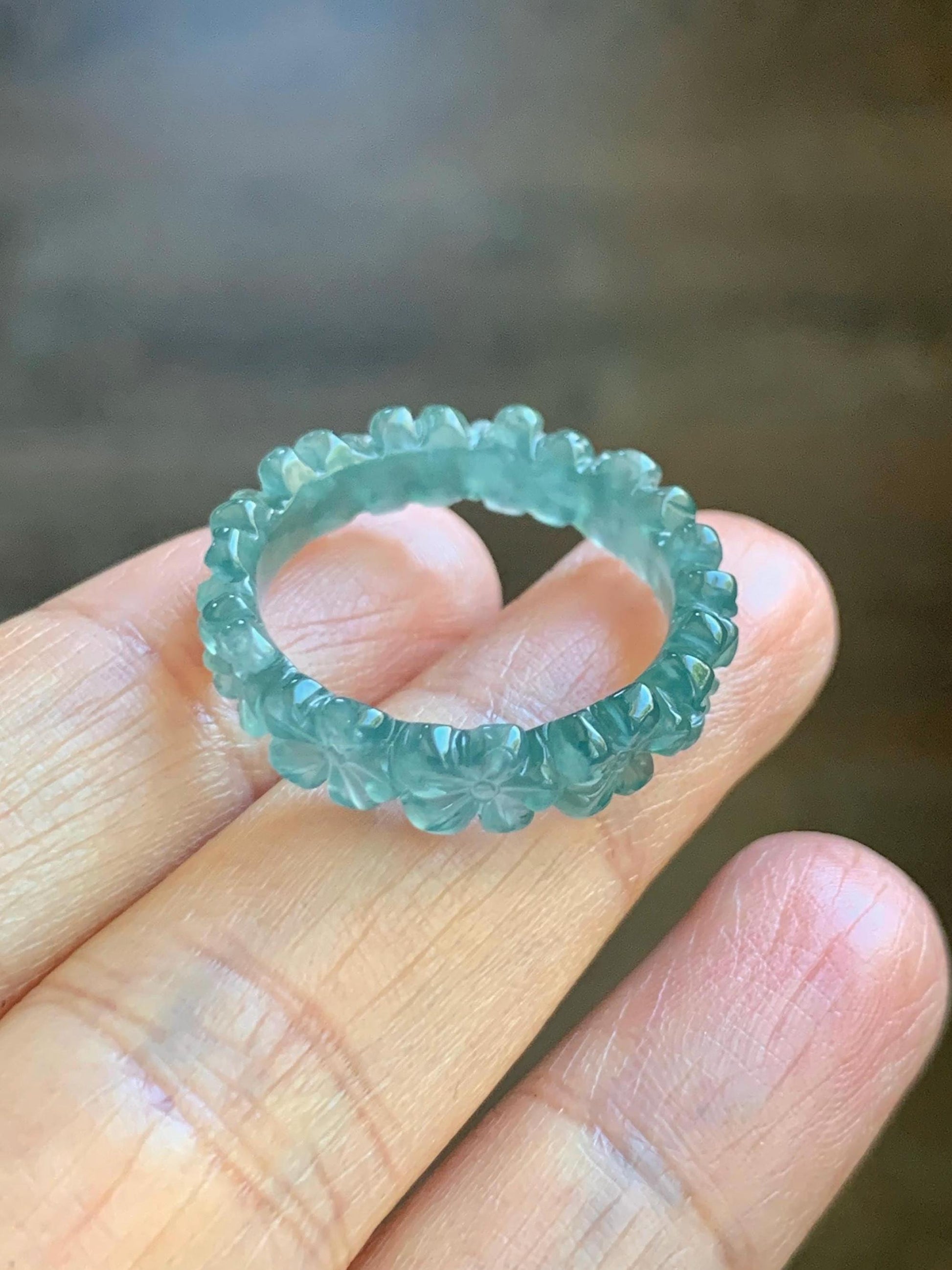 Certified Grade A Natural Guatemalan Icy Translucent Teal Blue Jade Jadeite Carved Cherry Blossom Band Ring Size 9 US 天然冰胶起光危蓝翡翠梅花戒圈 WMJ330C