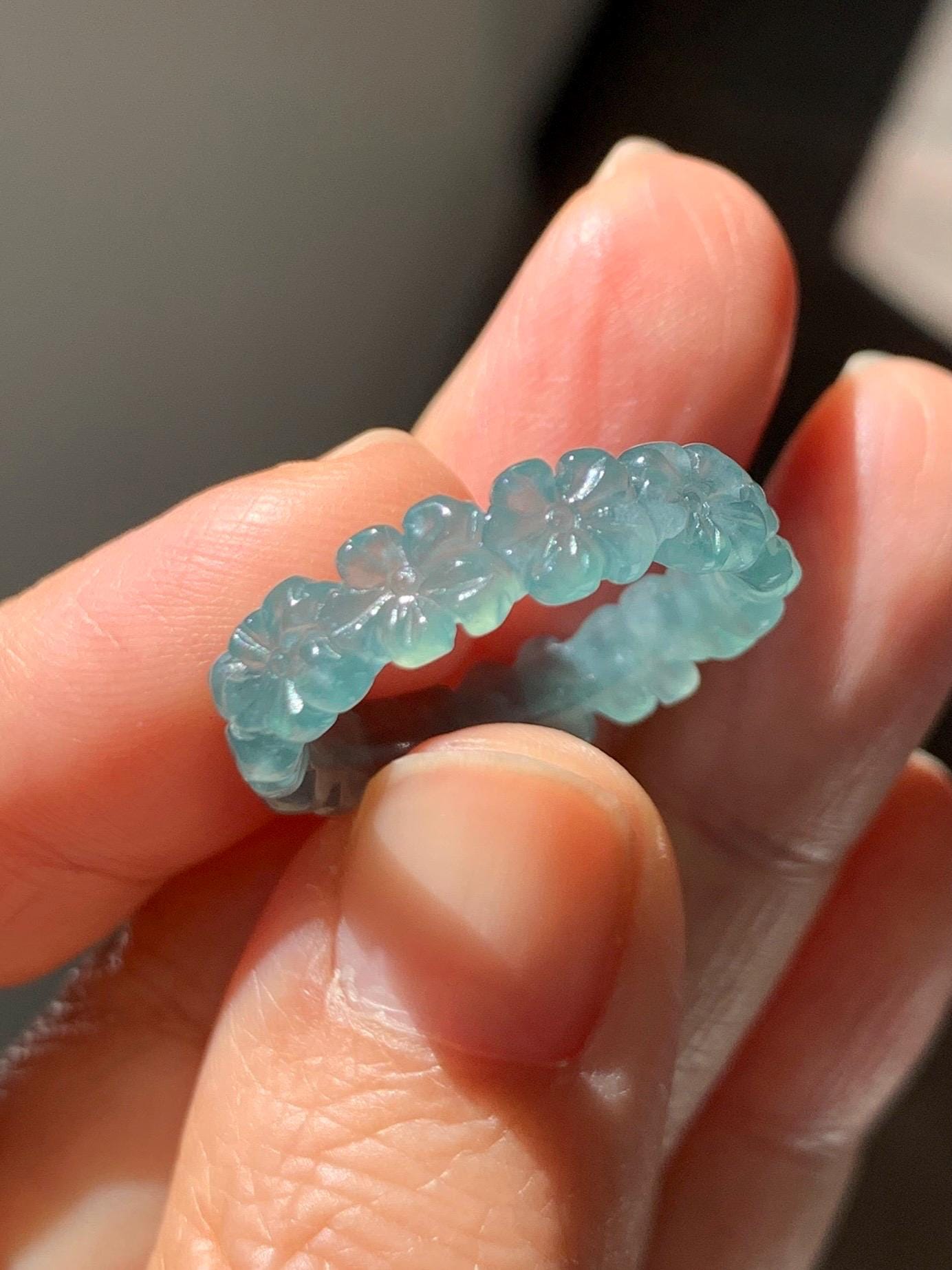 Certified Grade A Natural Guatemalan Icy Translucent Teal Blue Jade Jadeite Carved Cherry Blossom Band Ring Size 8 US 天然冰胶起光危蓝翡翠梅花戒圈 WMJ330B