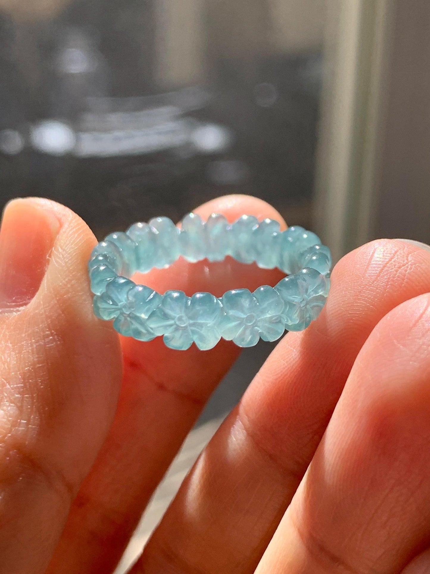 Certified Grade A Natural Guatemalan Icy Translucent Teal Blue Jade Jadeite Carved Cherry Blossom Band Ring Size 8 US 天然冰胶起光危蓝翡翠梅花戒圈 WMJ330B
